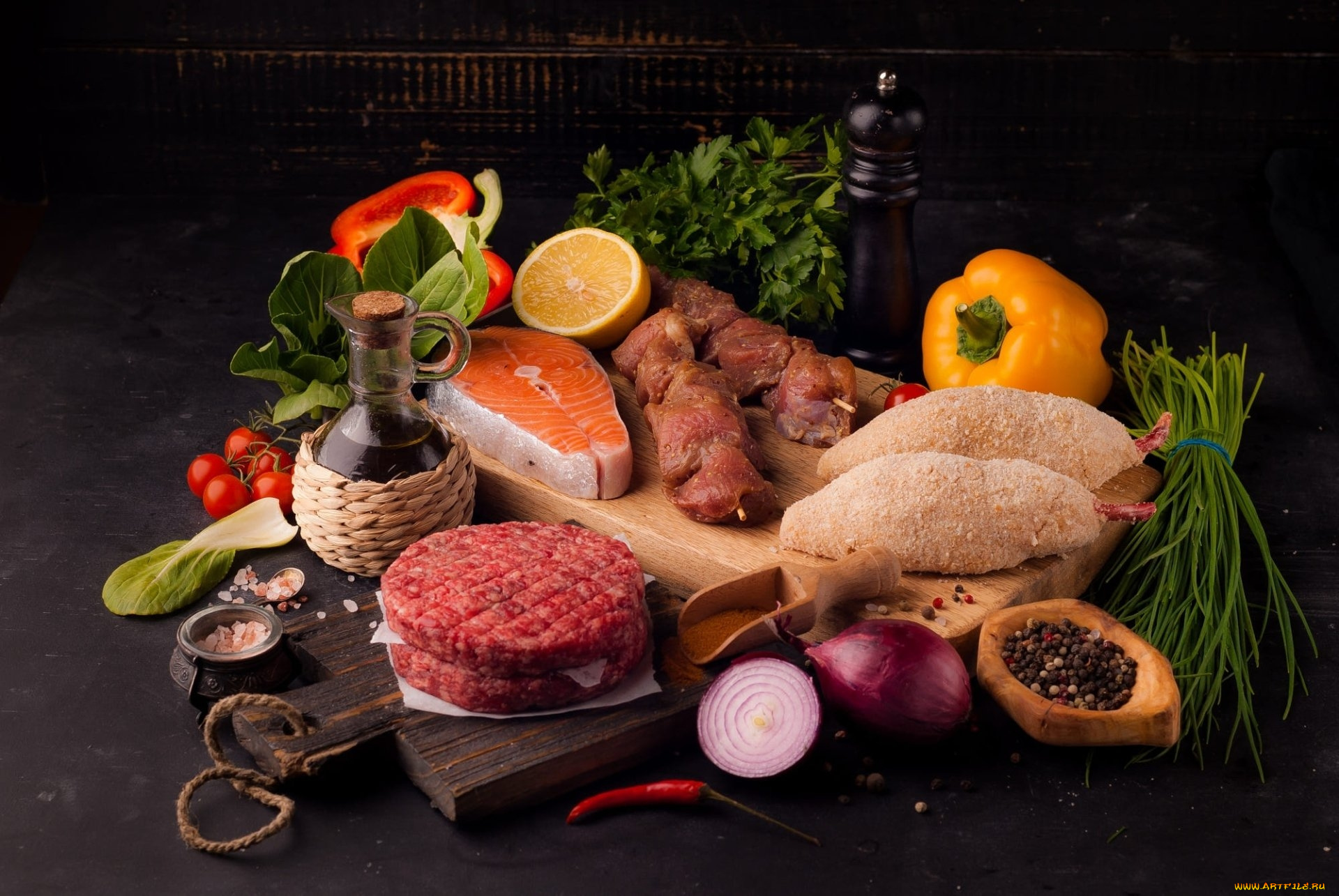 еда, разное, рыба, мясо, овощи