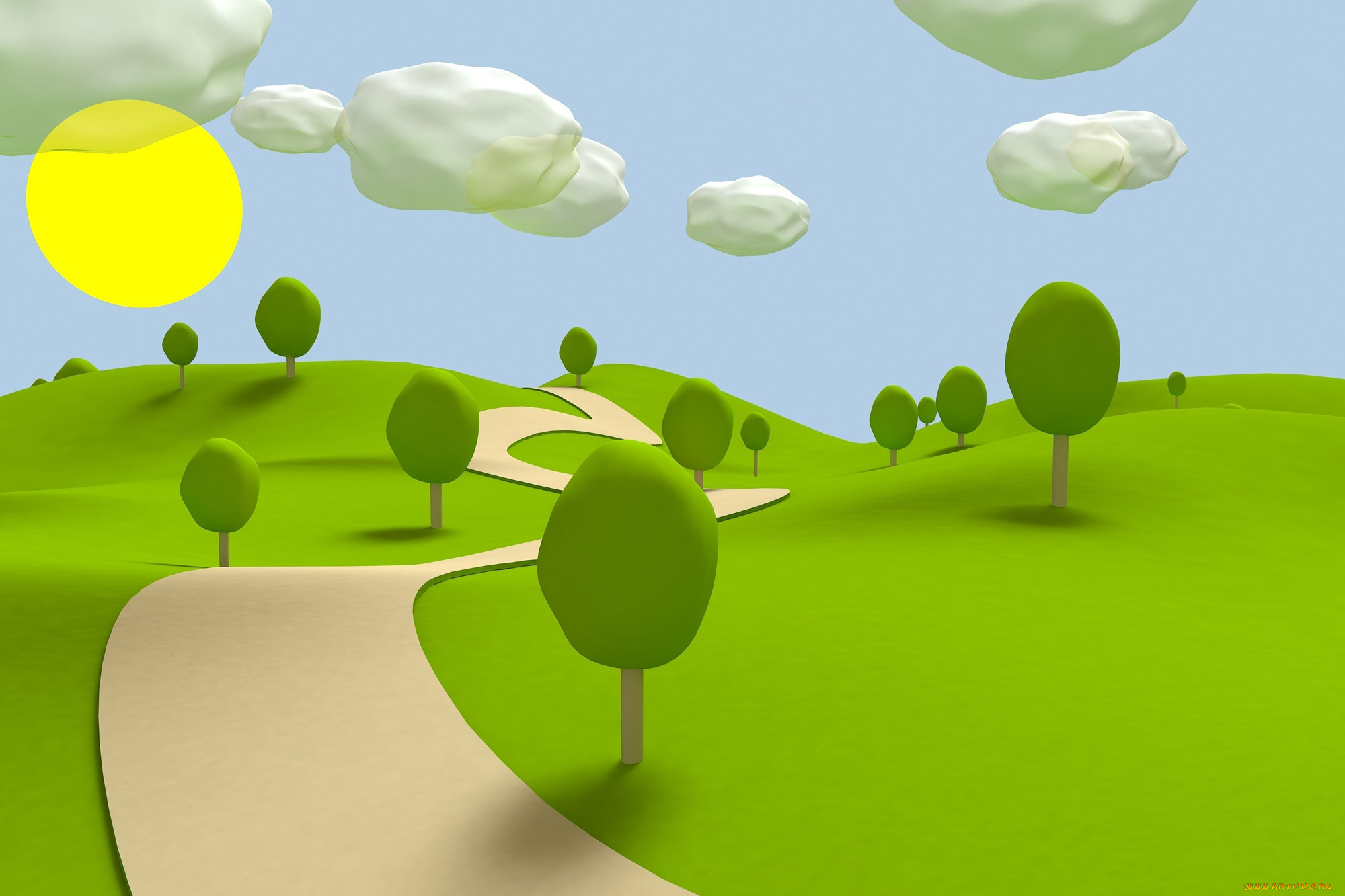 3д, графика, природа, , nature, дорога, деревья, холмы, облака