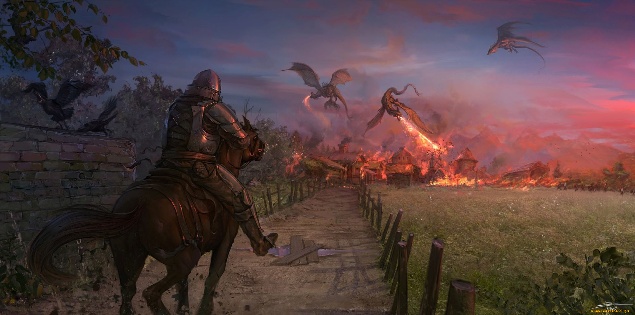 фэнтези, драконы, всадник, город, дорога