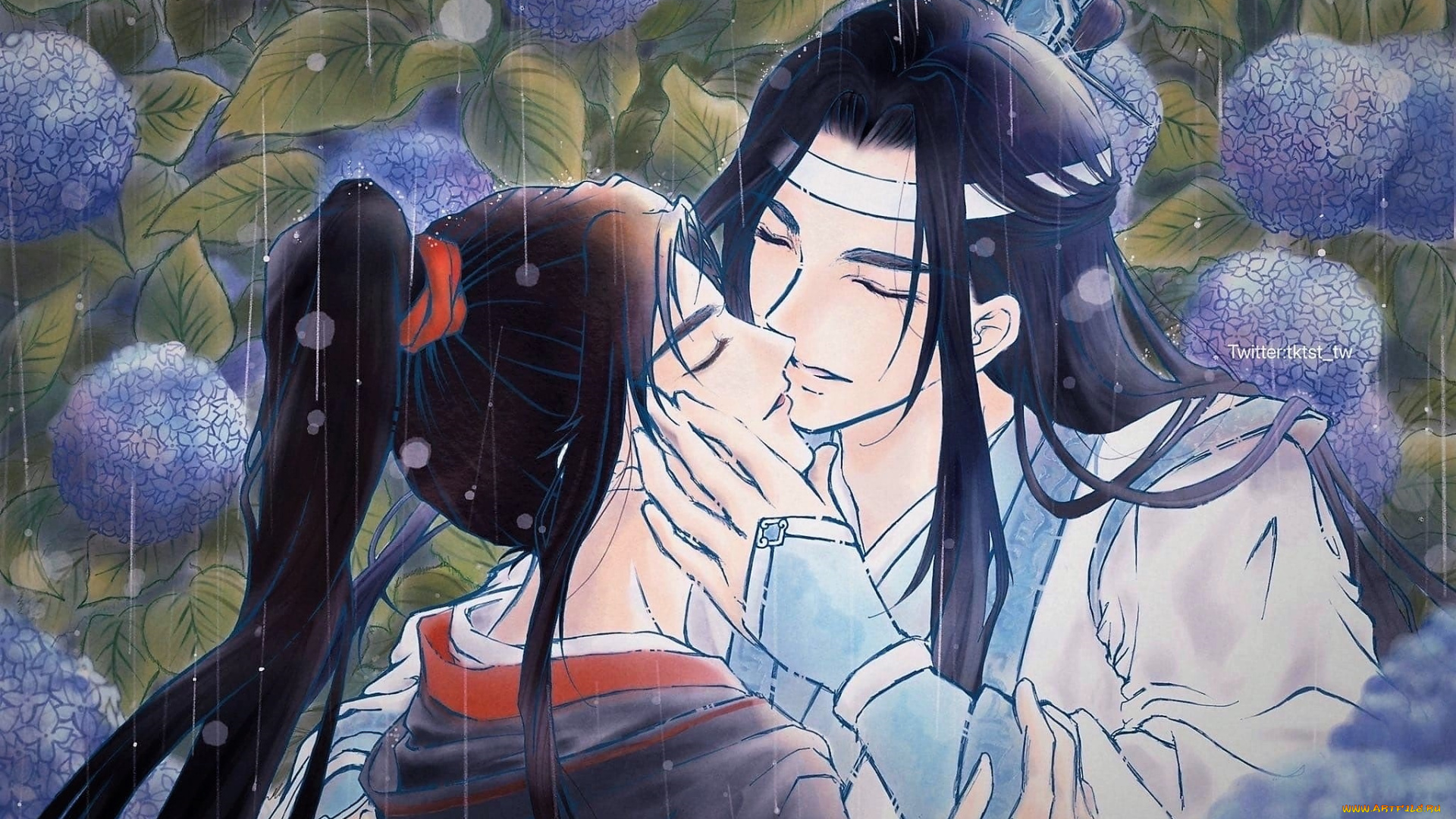 аниме, mo, dao, zu, shi, лань, ванцзи, вэй, усянь, поцелуй, дождь, гортензии