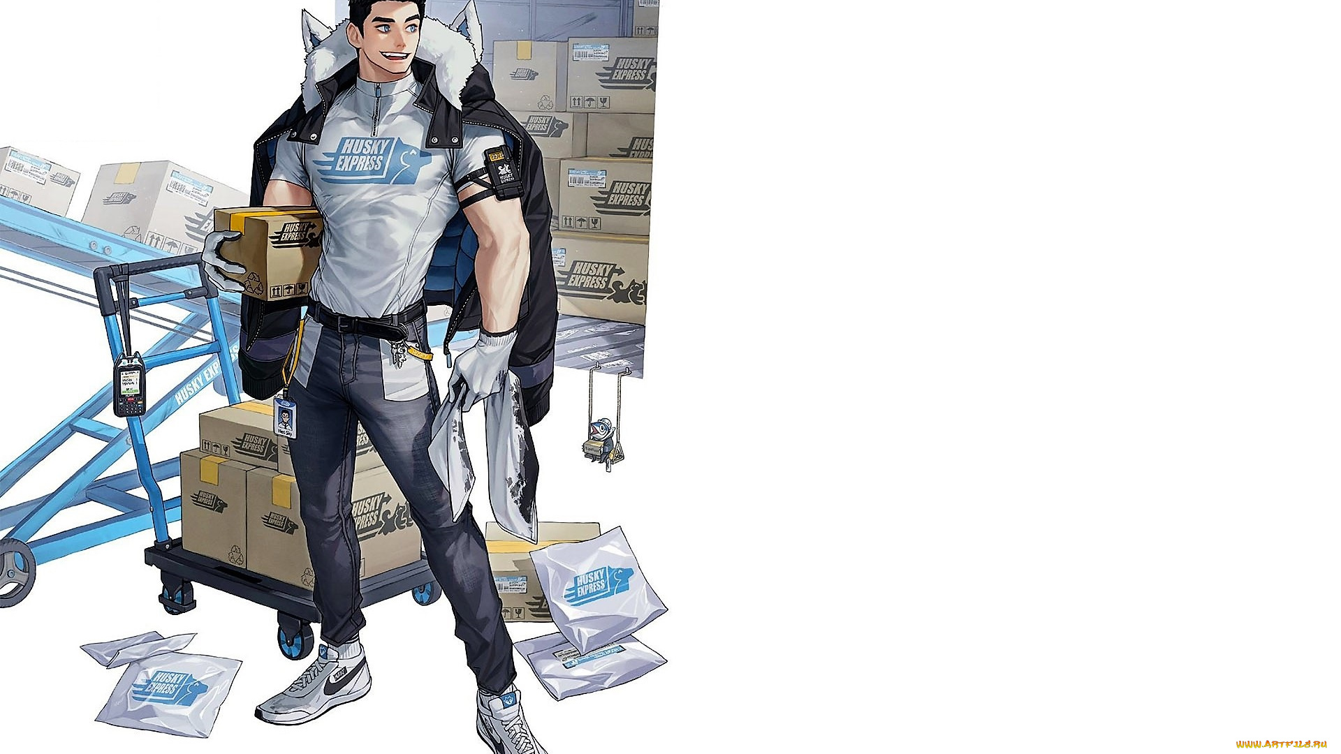 аниме, unknown, , другое, , парень, куртка, ящики, почта