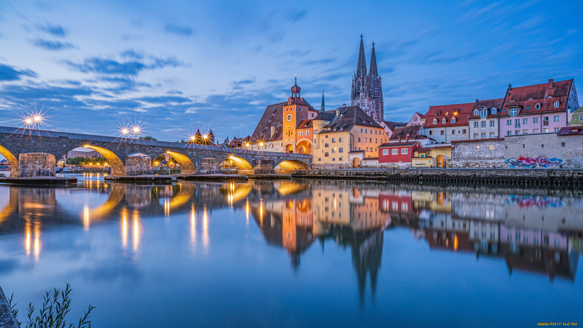 города, регенсбург, , германия, река, мост, вечер, огни