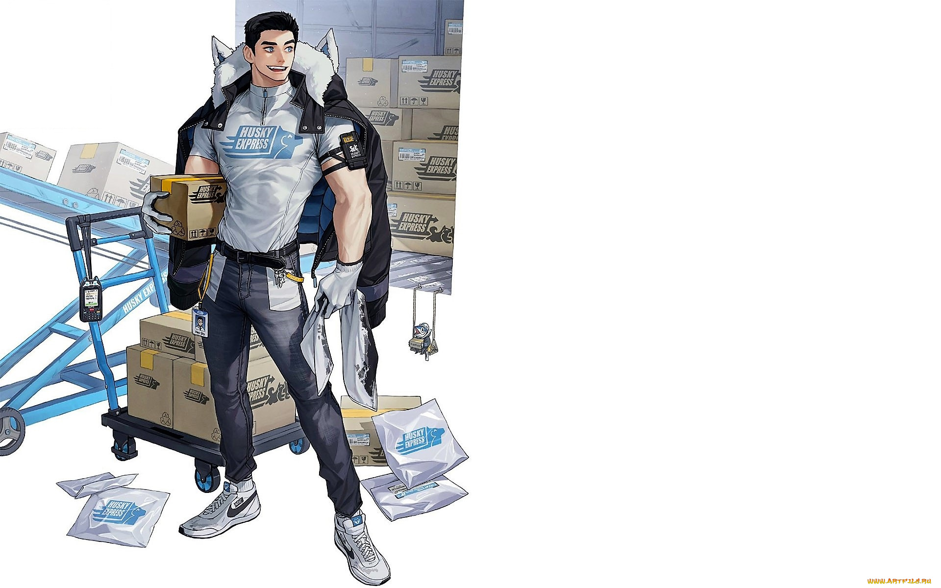 аниме, unknown, , другое, , парень, куртка, ящики, почта