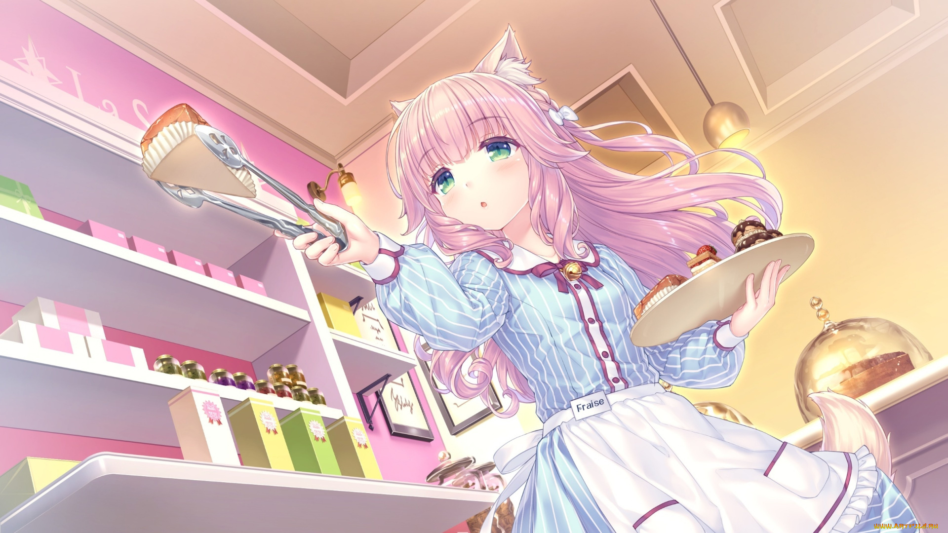 аниме, nekopara, девочка, тарелка, пирожные, полки