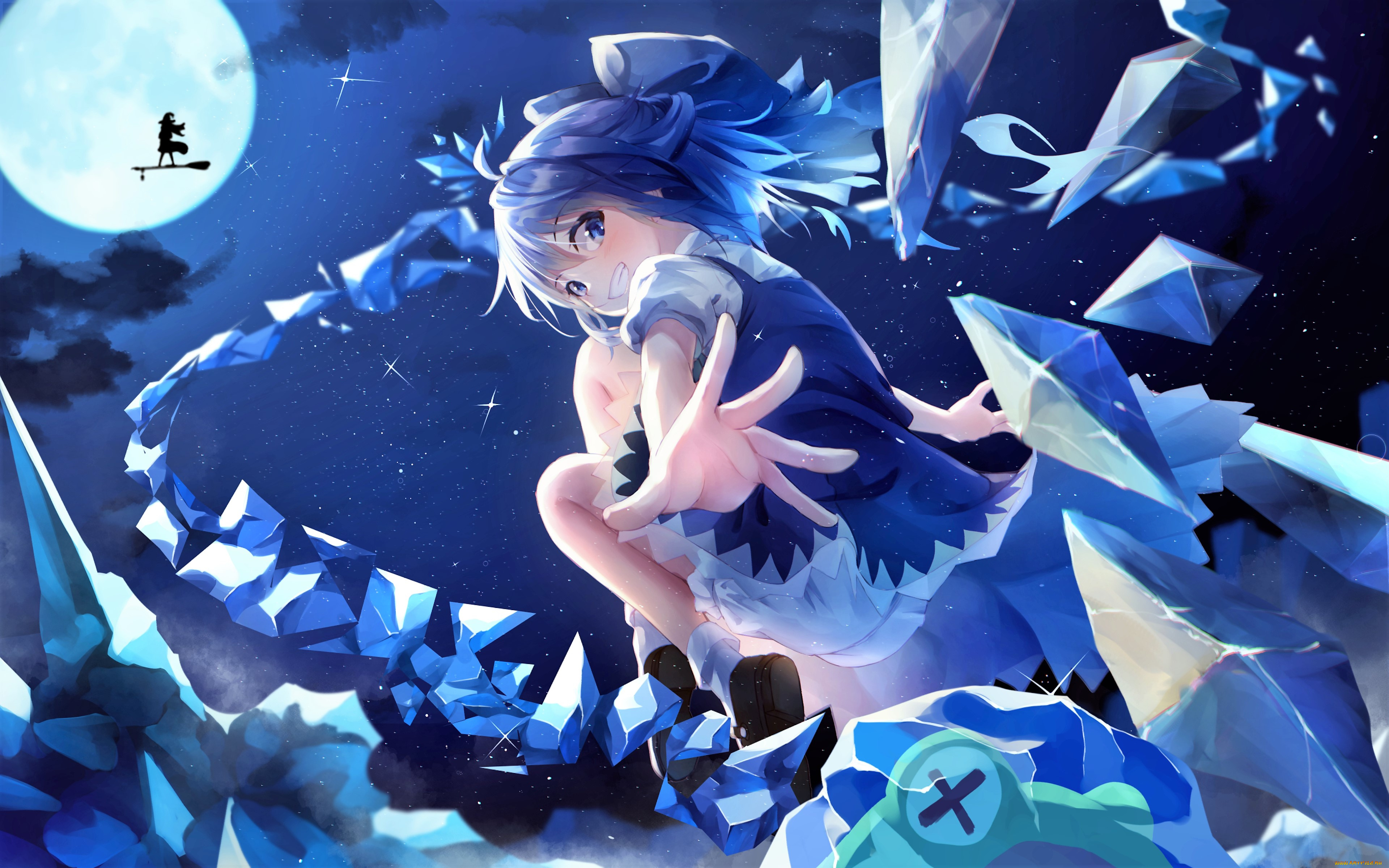 аниме, touhou, девочка, камни, луна, ведьма