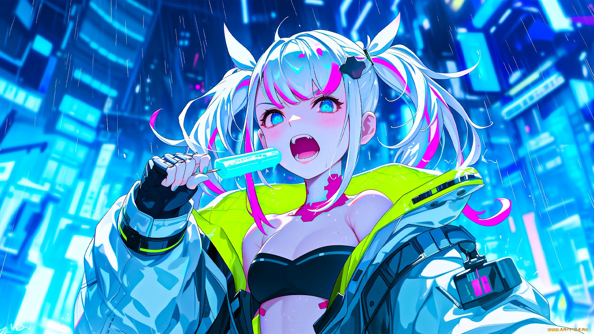 аниме, город, , улицы, , интерьер, , здания, девочка, куртка, мороженое, дома, дождь, неон