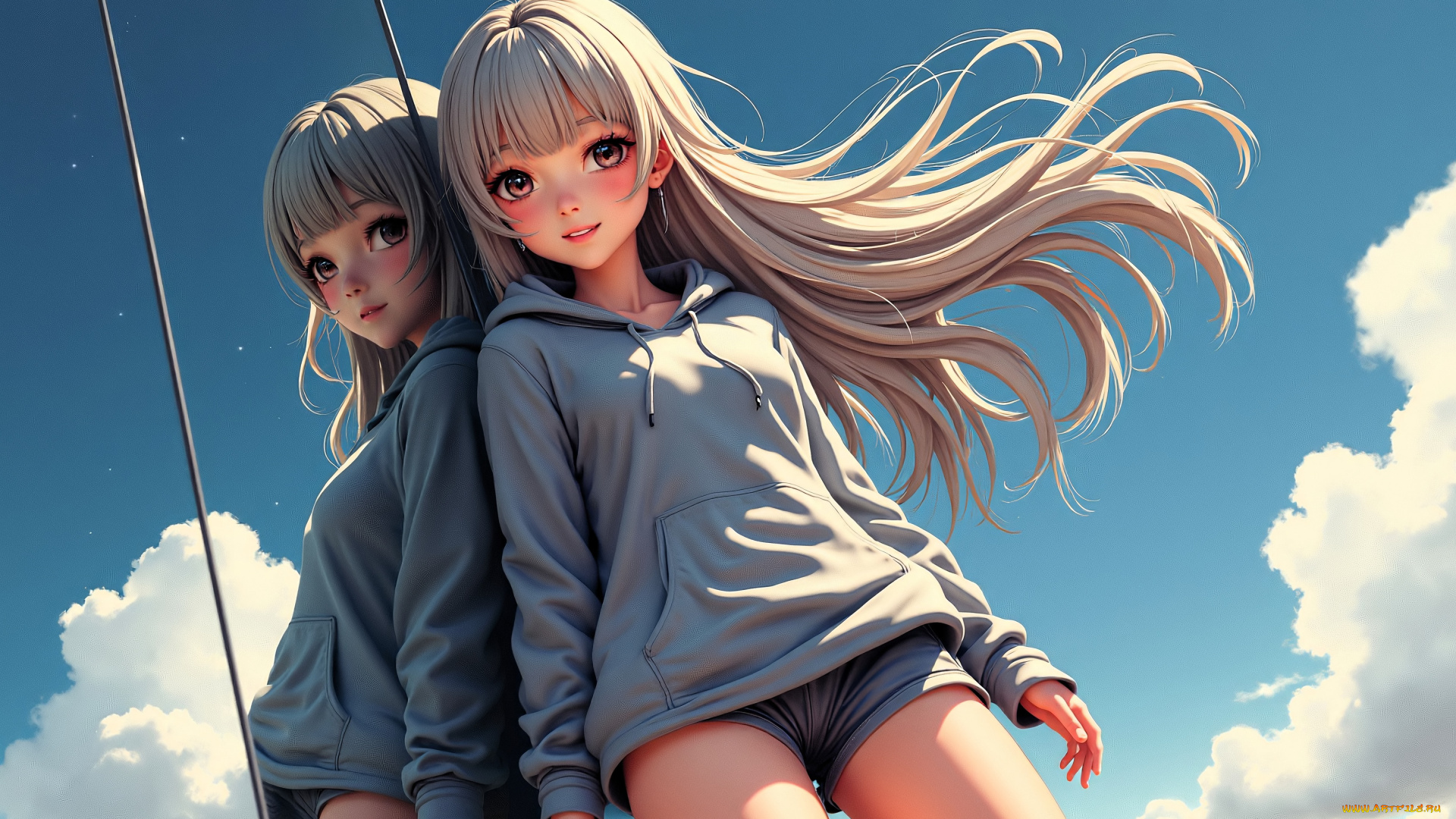 аниме, unknown, , другое, , девочки, блондинки, толстовки, шорты, небо