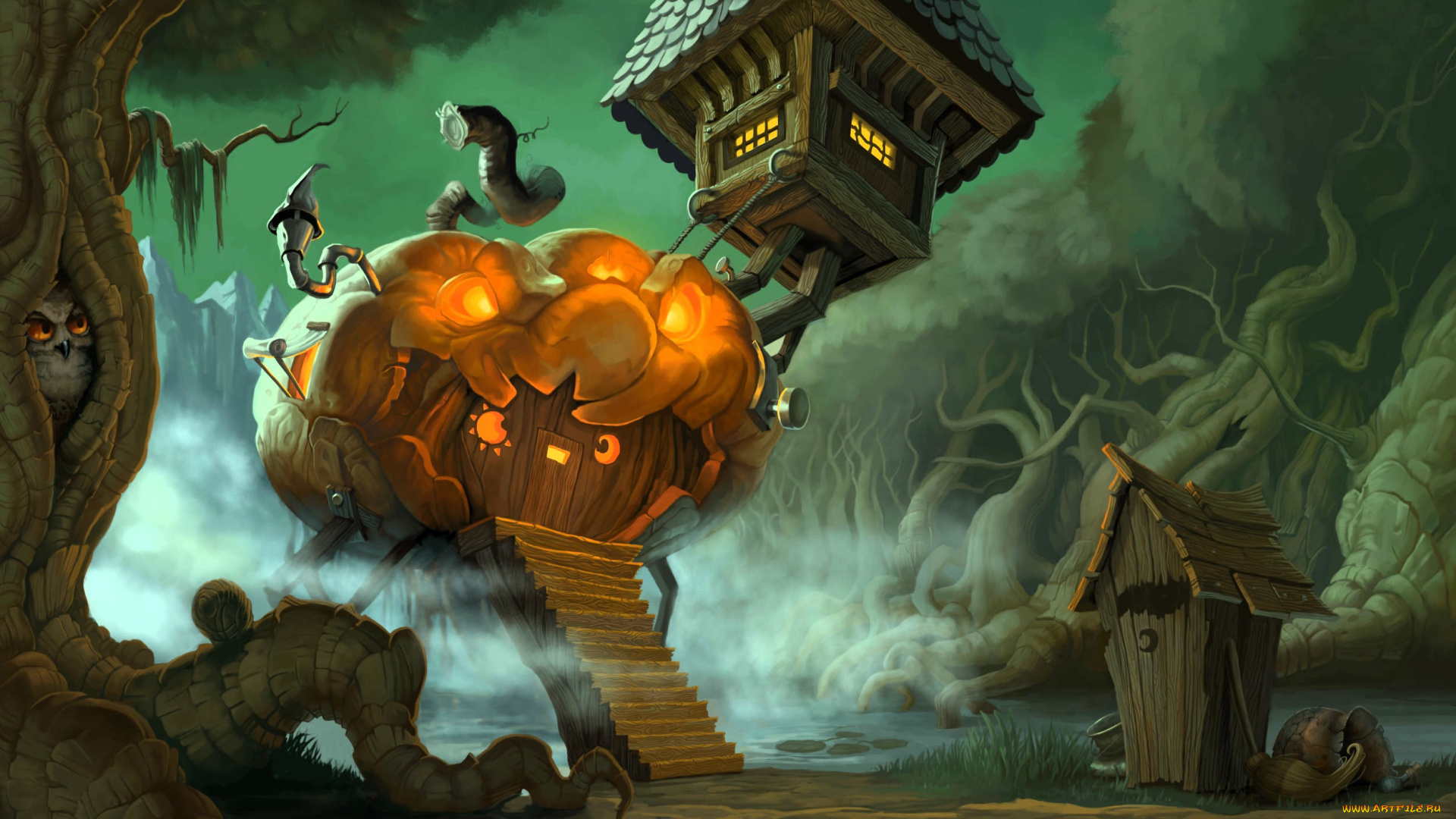 фэнтези, иные, миры, , иные, времена, тыква, дом, деревья, сова, лес, туалет