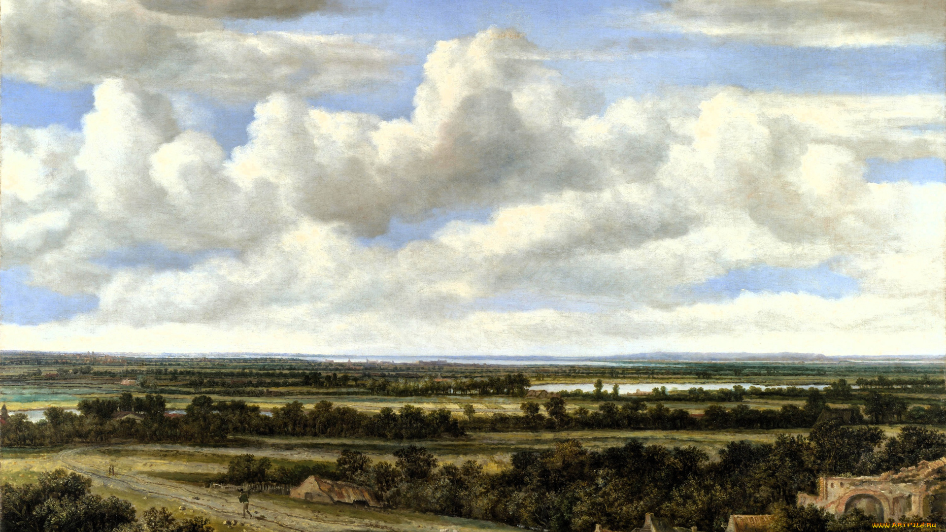 philips, de, koninck, рисованное, живопись, небо, облака, деревья, дома, дорога, озеро