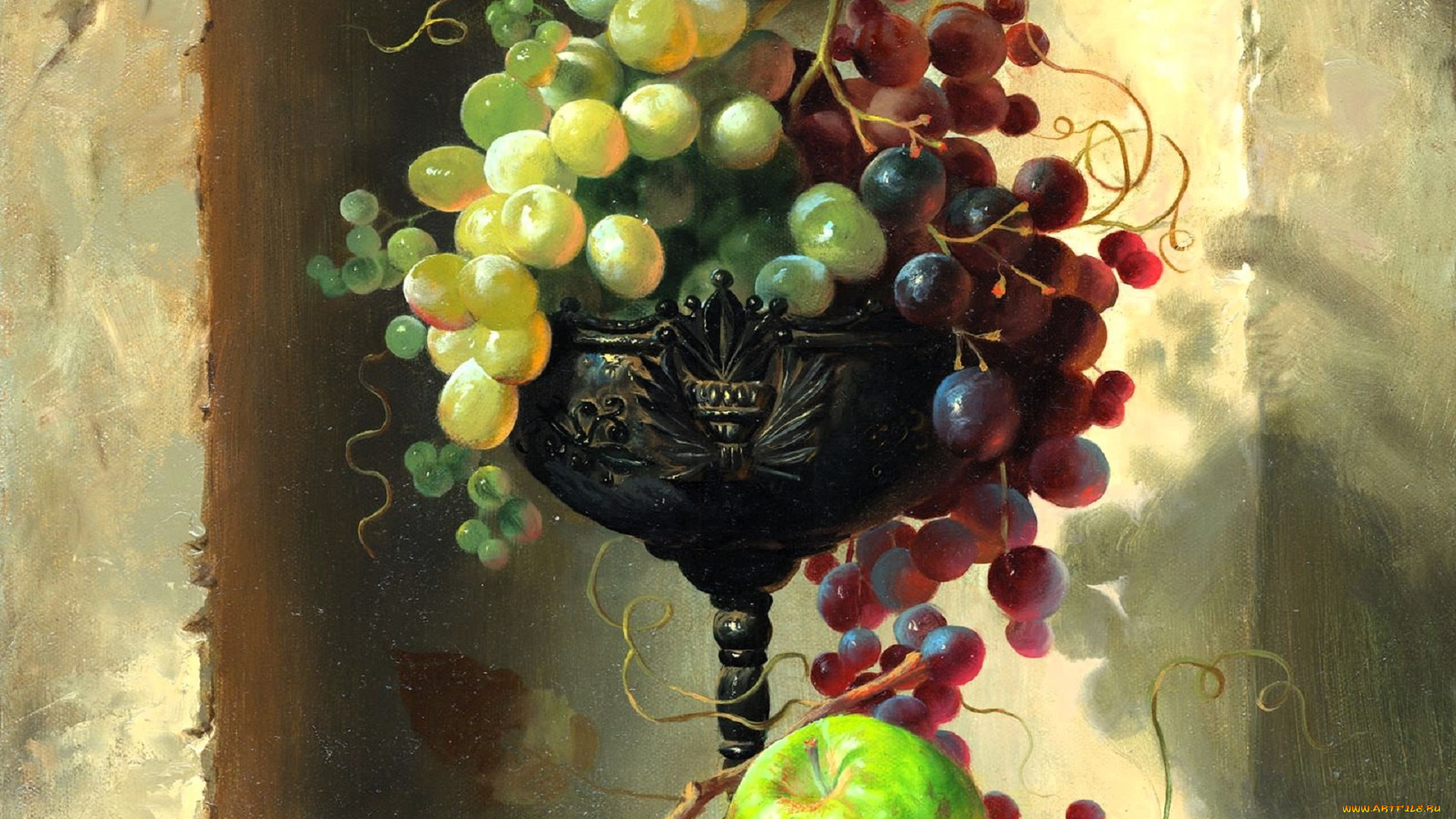 рисованное, алексей, антропов, натюрморт, чаша, фрукты, виноград, яблоко