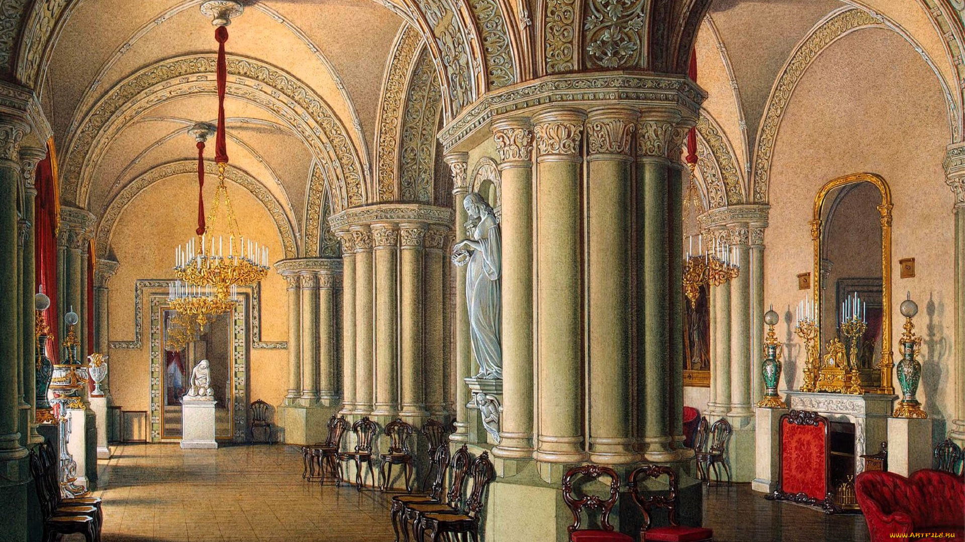 рисованное, эдуард, гау, дворец, интерьер, зал, колонны, картины, лепнина, люстры, стулья