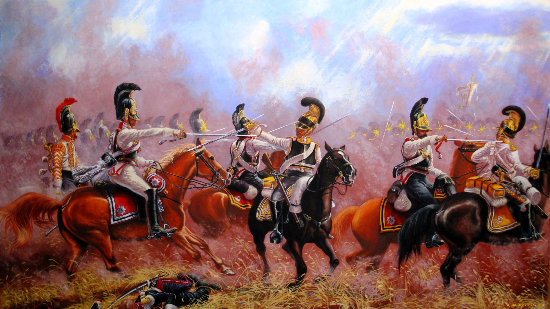 рисованное, живопись, война, отряды, всадники, оружие, поле