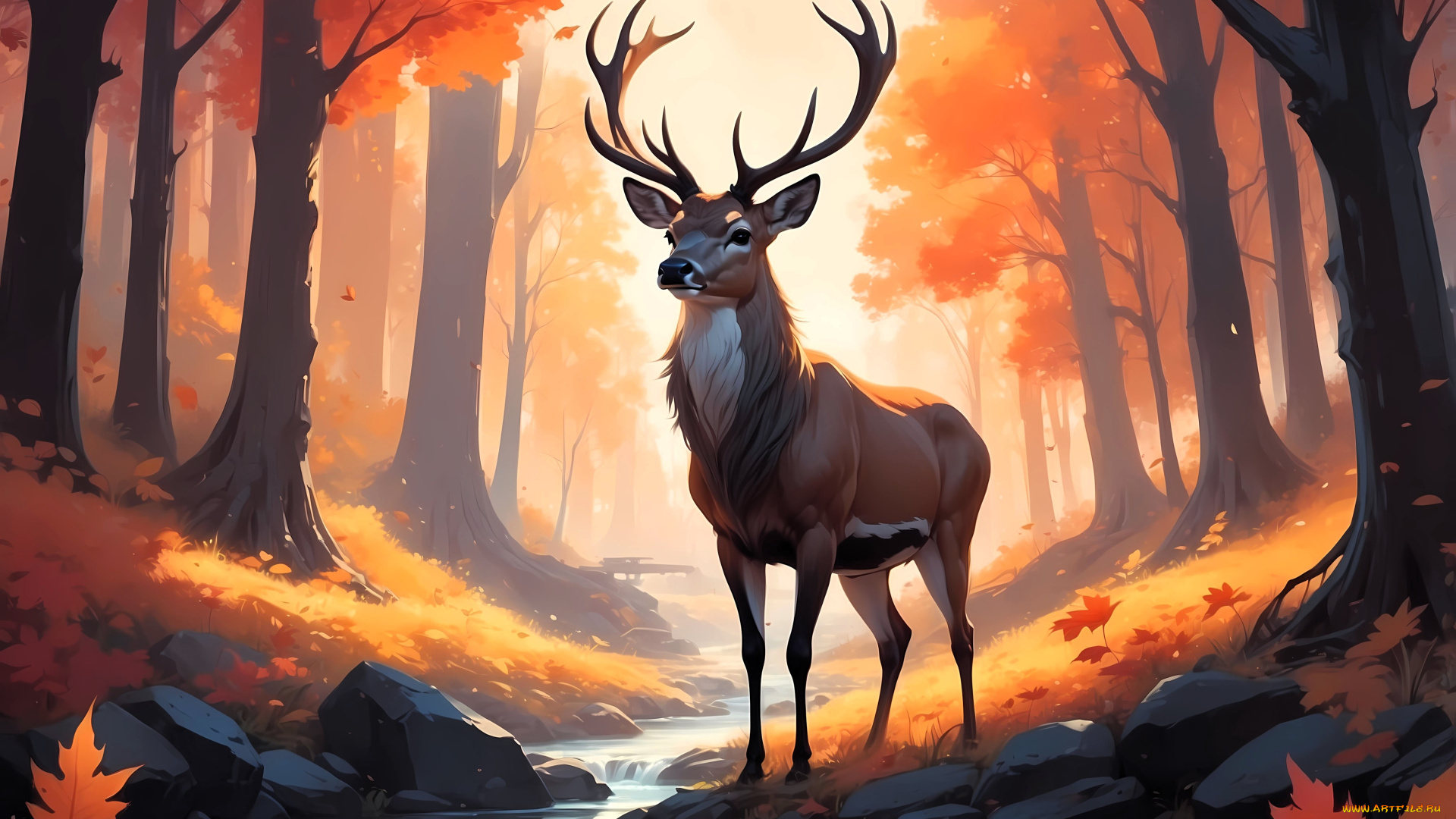 рисованное, животные, , олени, олень, лес, осень, деревья, ручей, камни