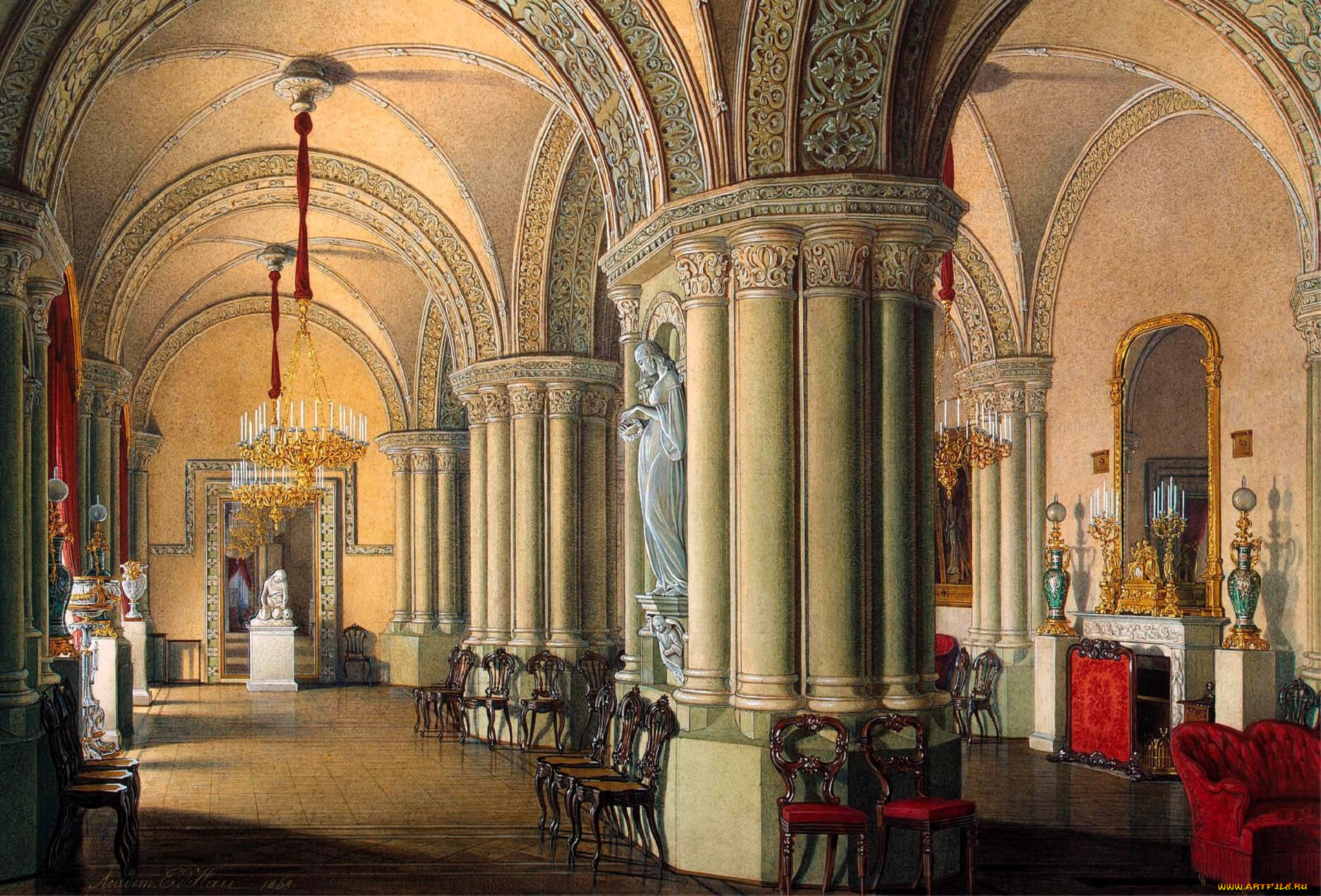 рисованное, эдуард, гау, дворец, интерьер, зал, колонны, картины, лепнина, люстры, стулья