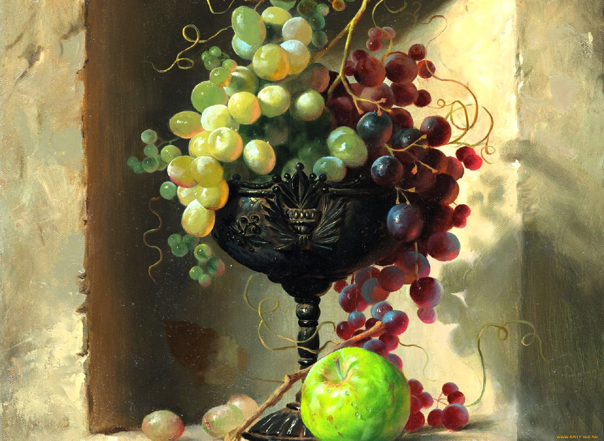 рисованное, алексей, антропов, натюрморт, чаша, фрукты, виноград, яблоко