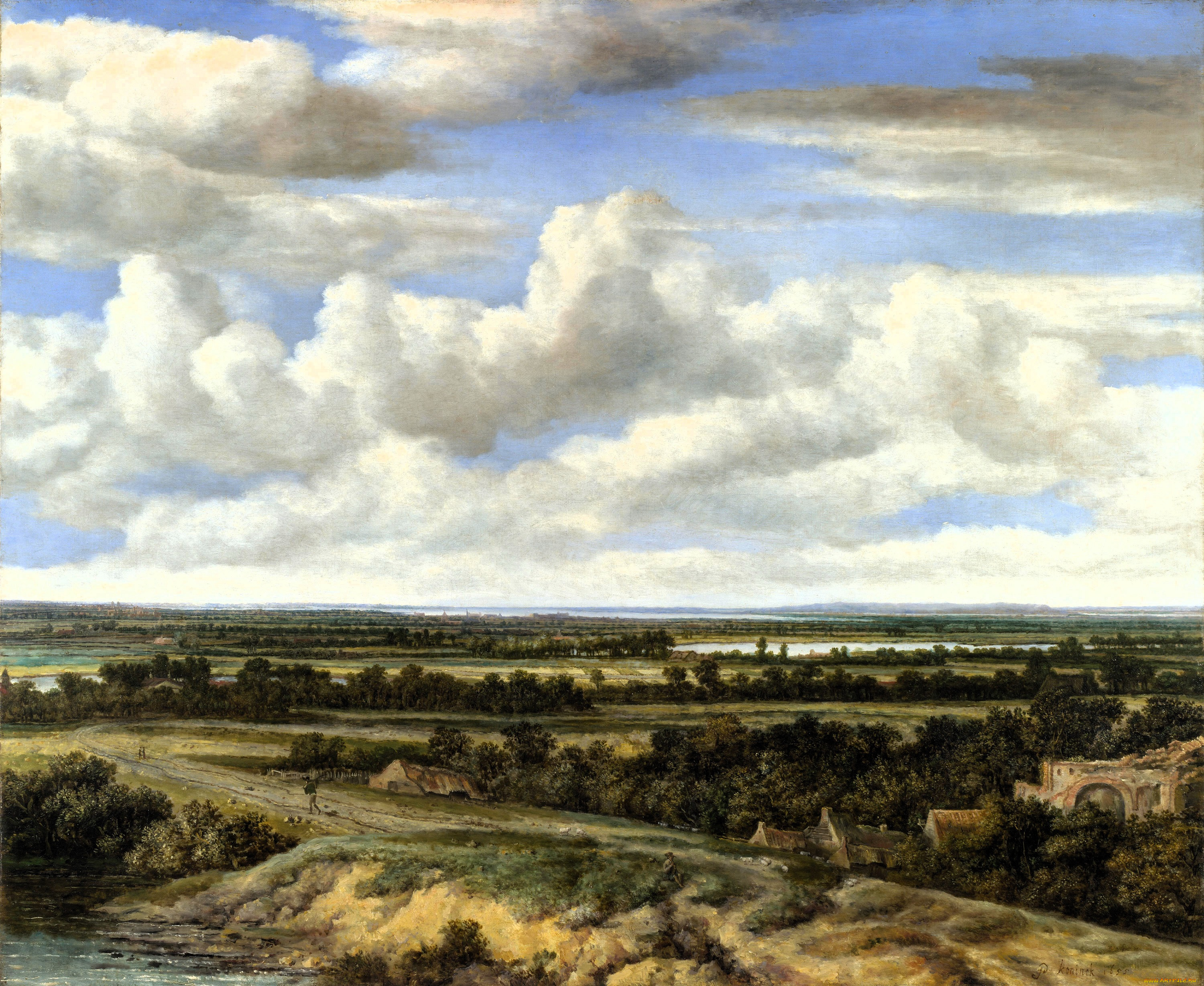philips, de, koninck, рисованное, живопись, небо, облака, деревья, дома, дорога, озеро