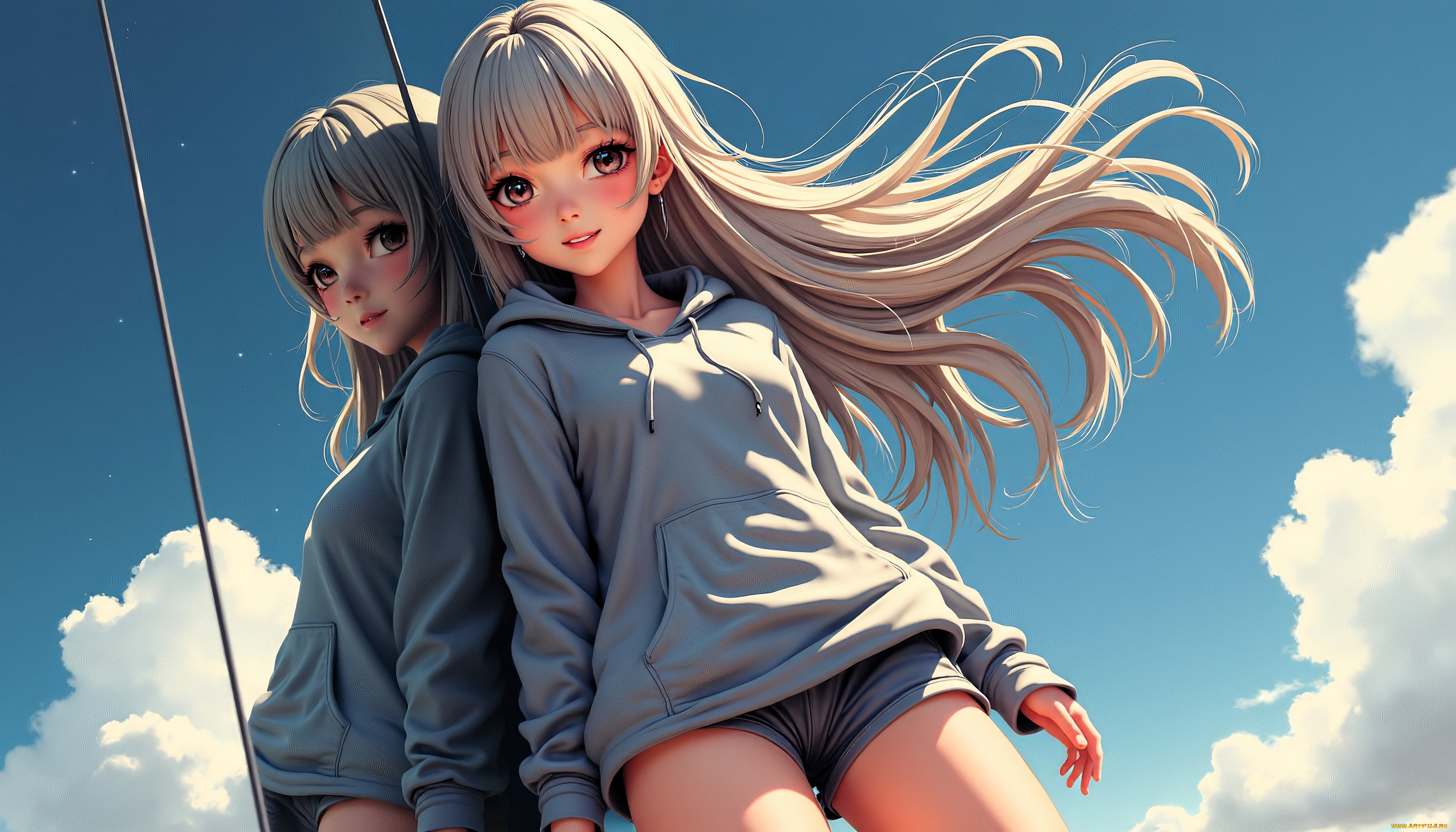 аниме, unknown, , другое, , девочки, блондинки, толстовки, шорты, небо