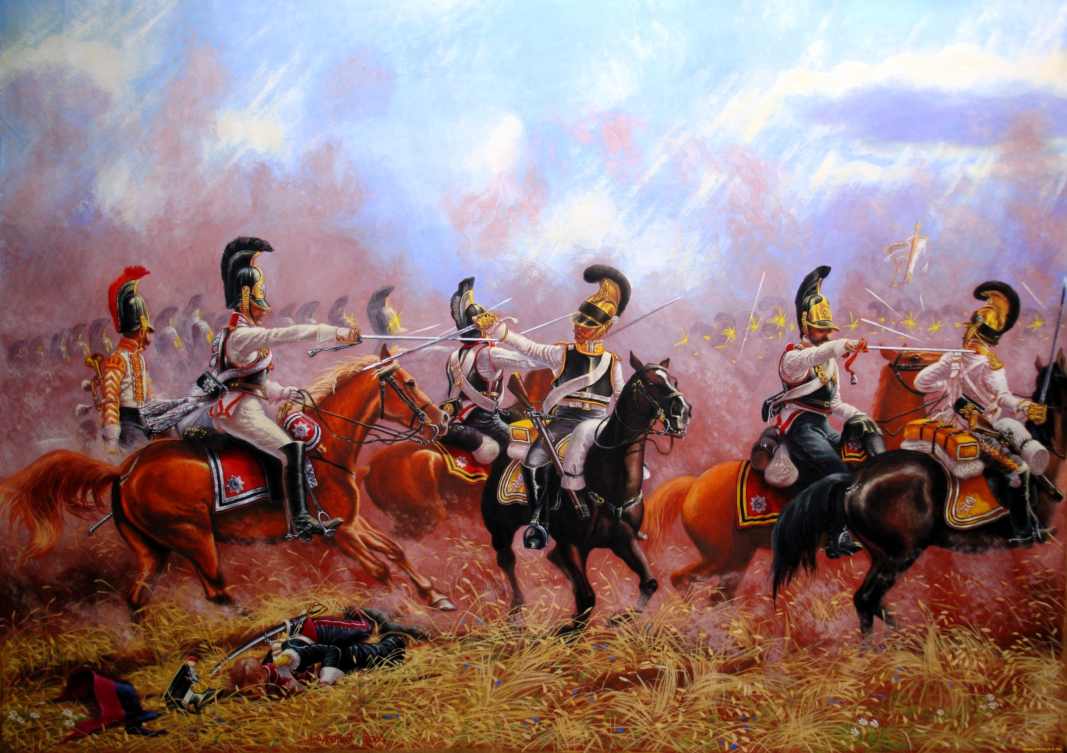 рисованное, живопись, война, отряды, всадники, оружие, поле