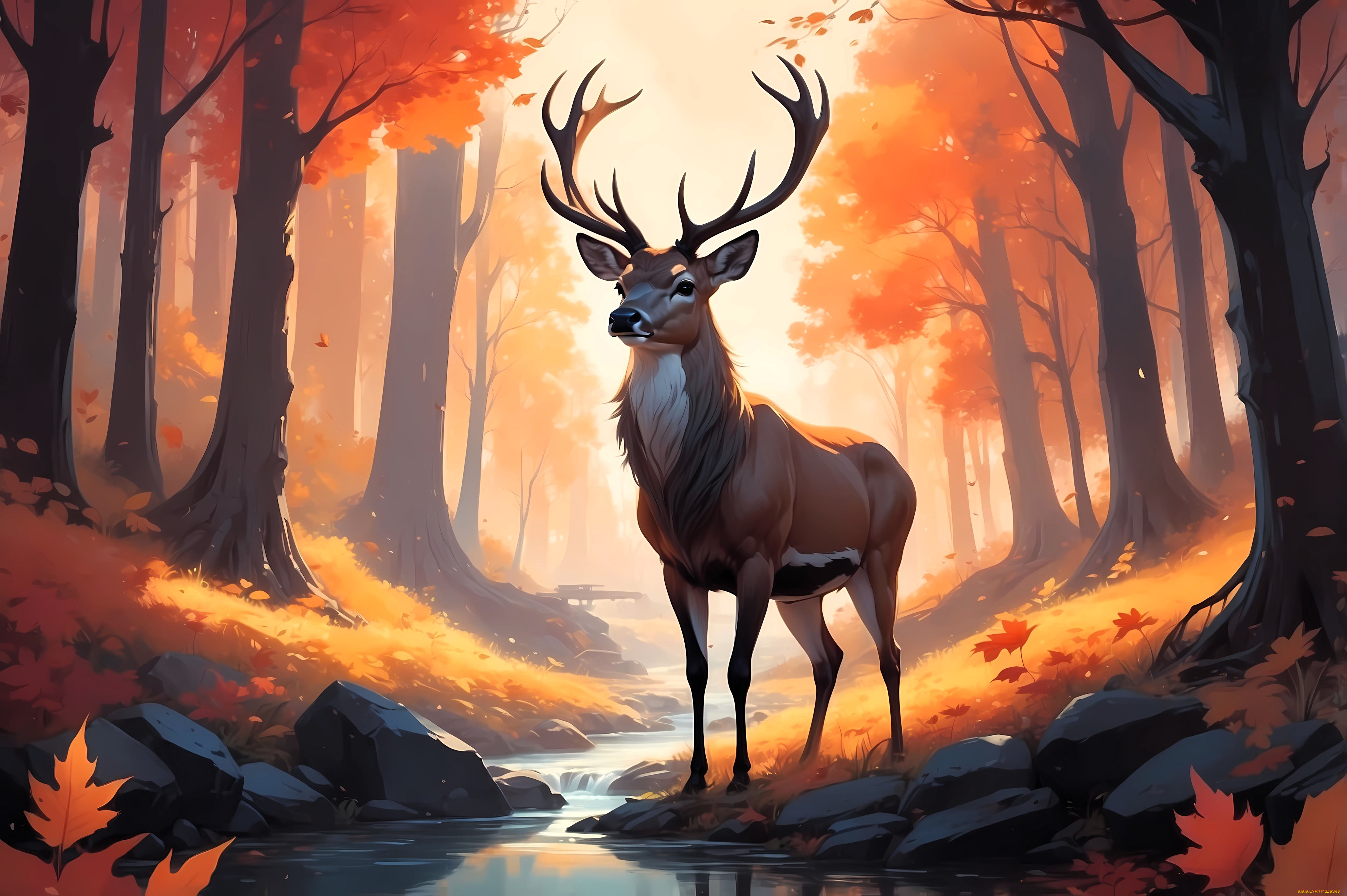 рисованное, животные, , олени, олень, лес, осень, деревья, ручей, камни