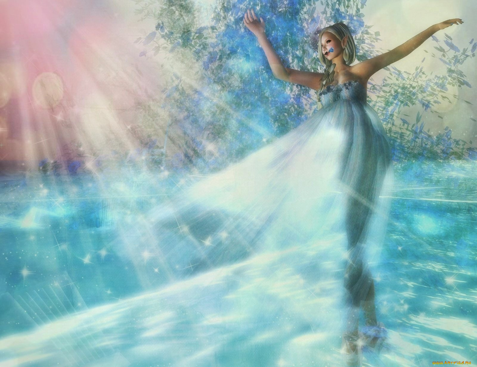 3д, графика, elves, эльфы, роза, танец, голубой