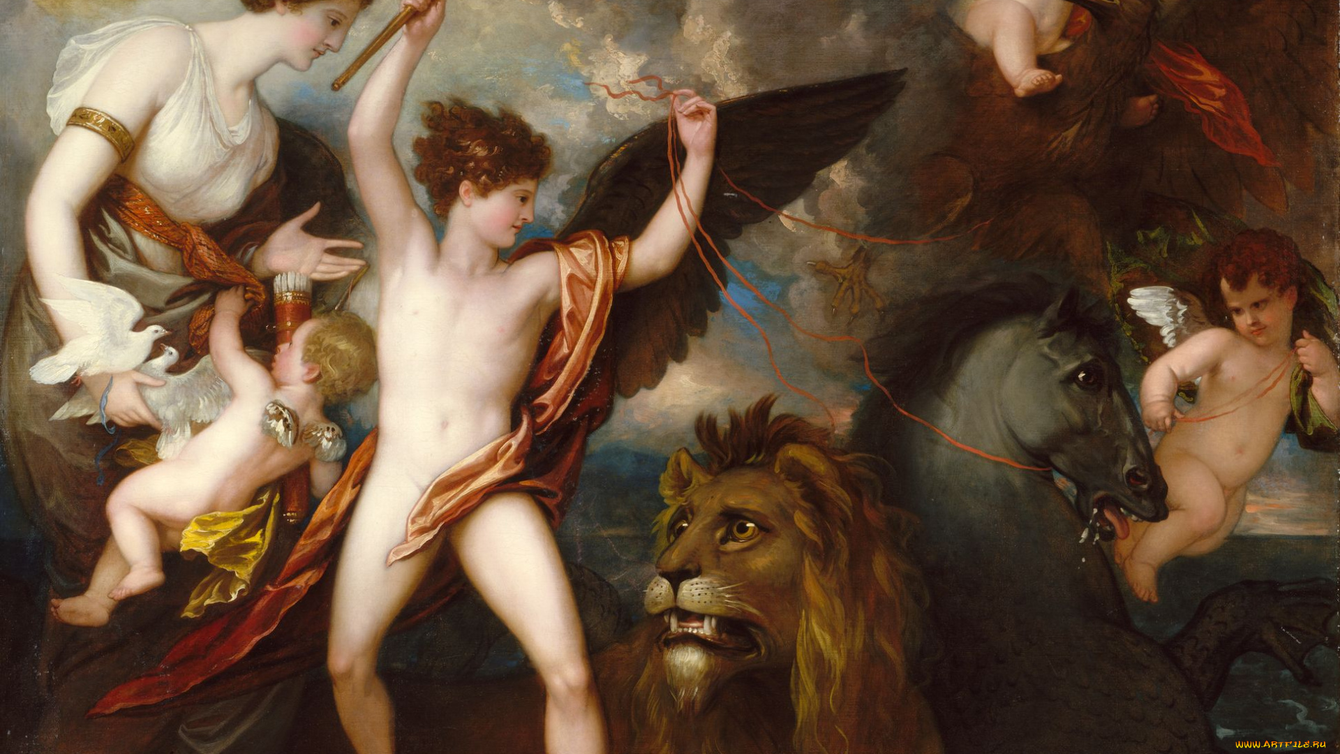 benjamin, west, рисованные, купидон, лев