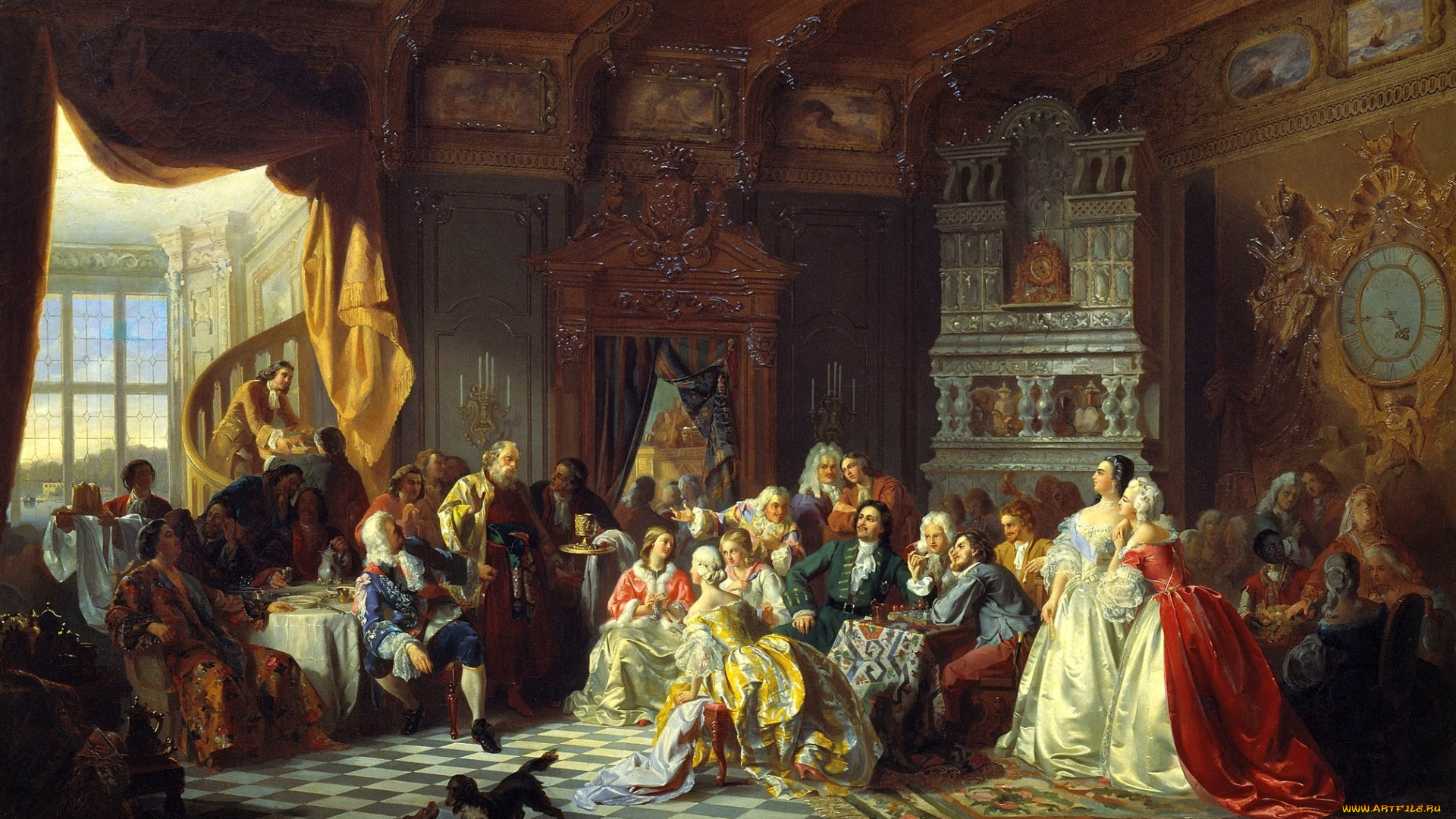 хлебовский, ассамблея, при, петре, первом, рисованные, станислав, собаки, развлечения, император, барышни, собрание