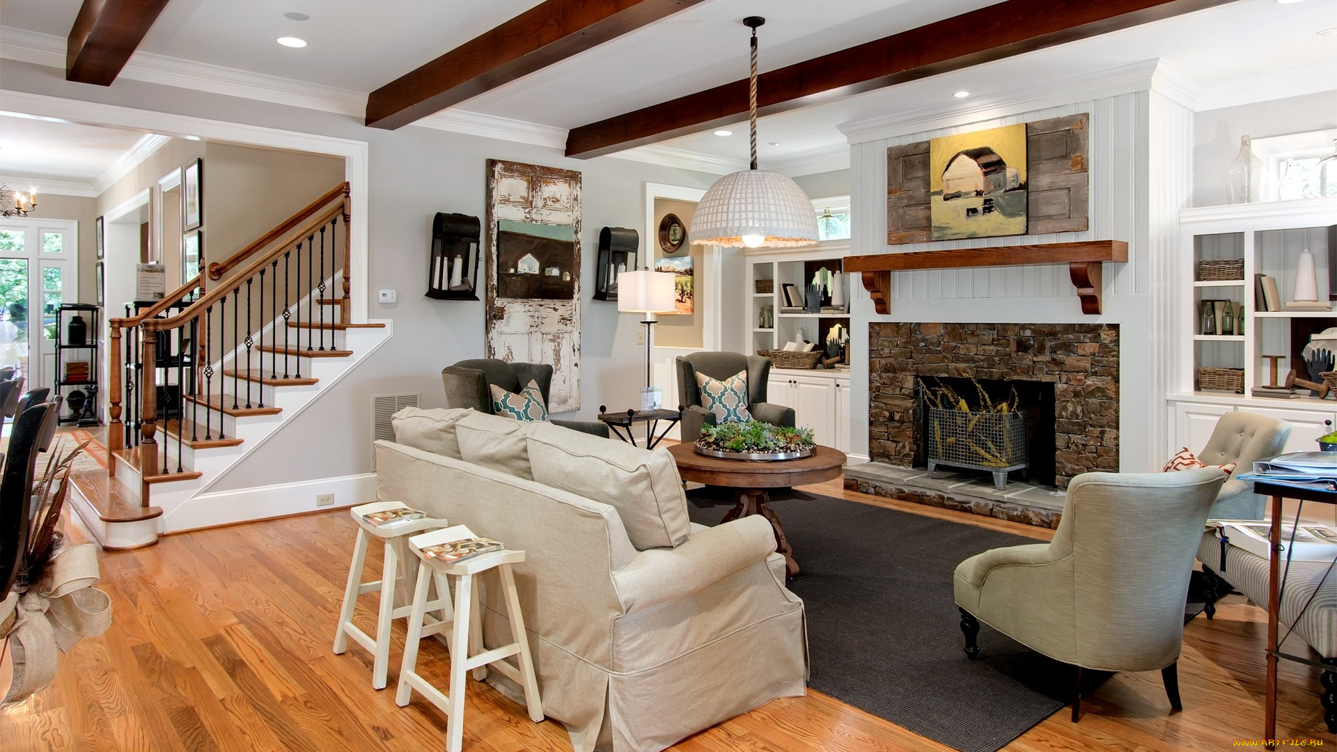 интерьер, гостиная, лестница, стулья, диван, камин