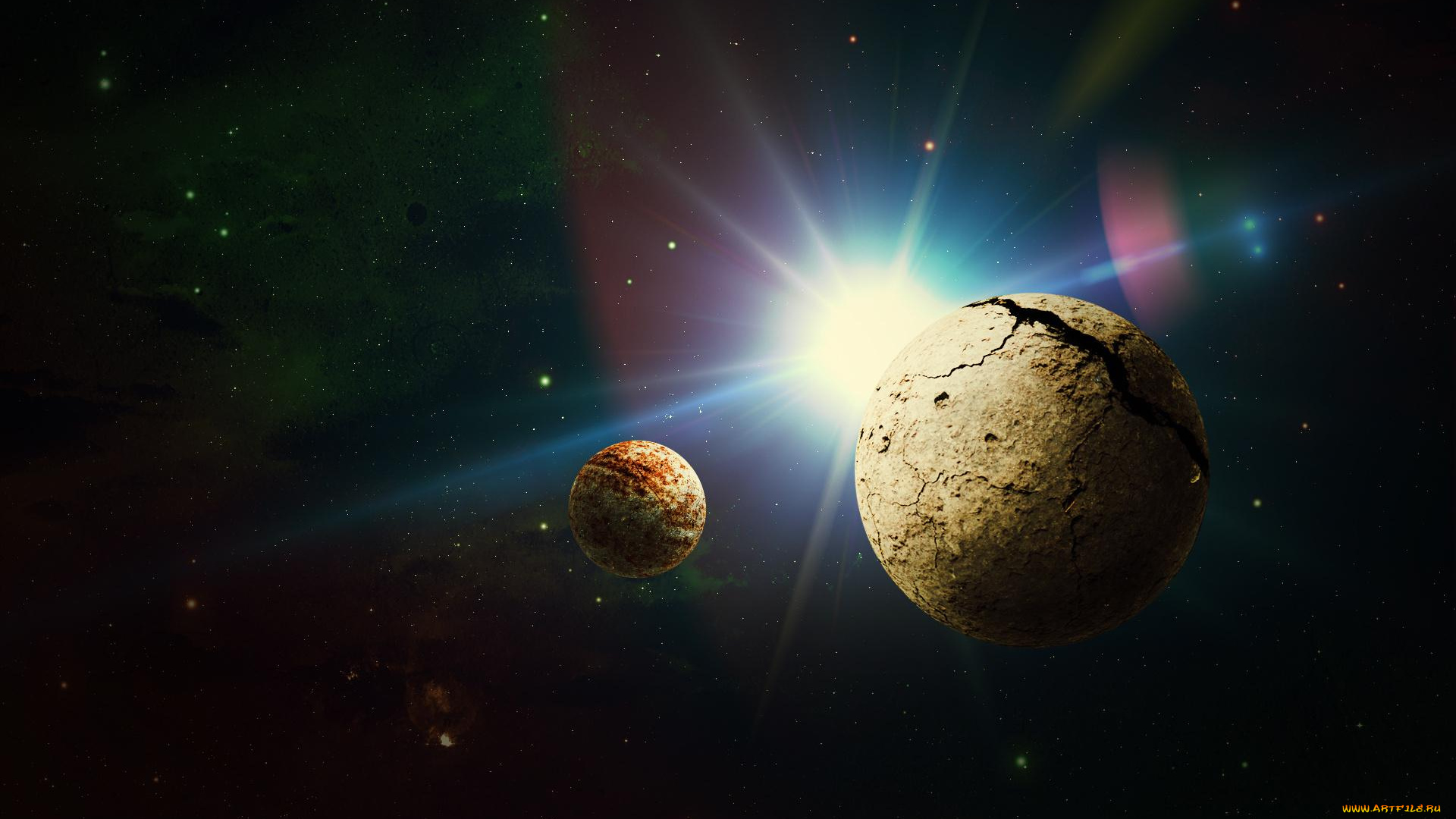 космос, арт, планета, спутник, солнце