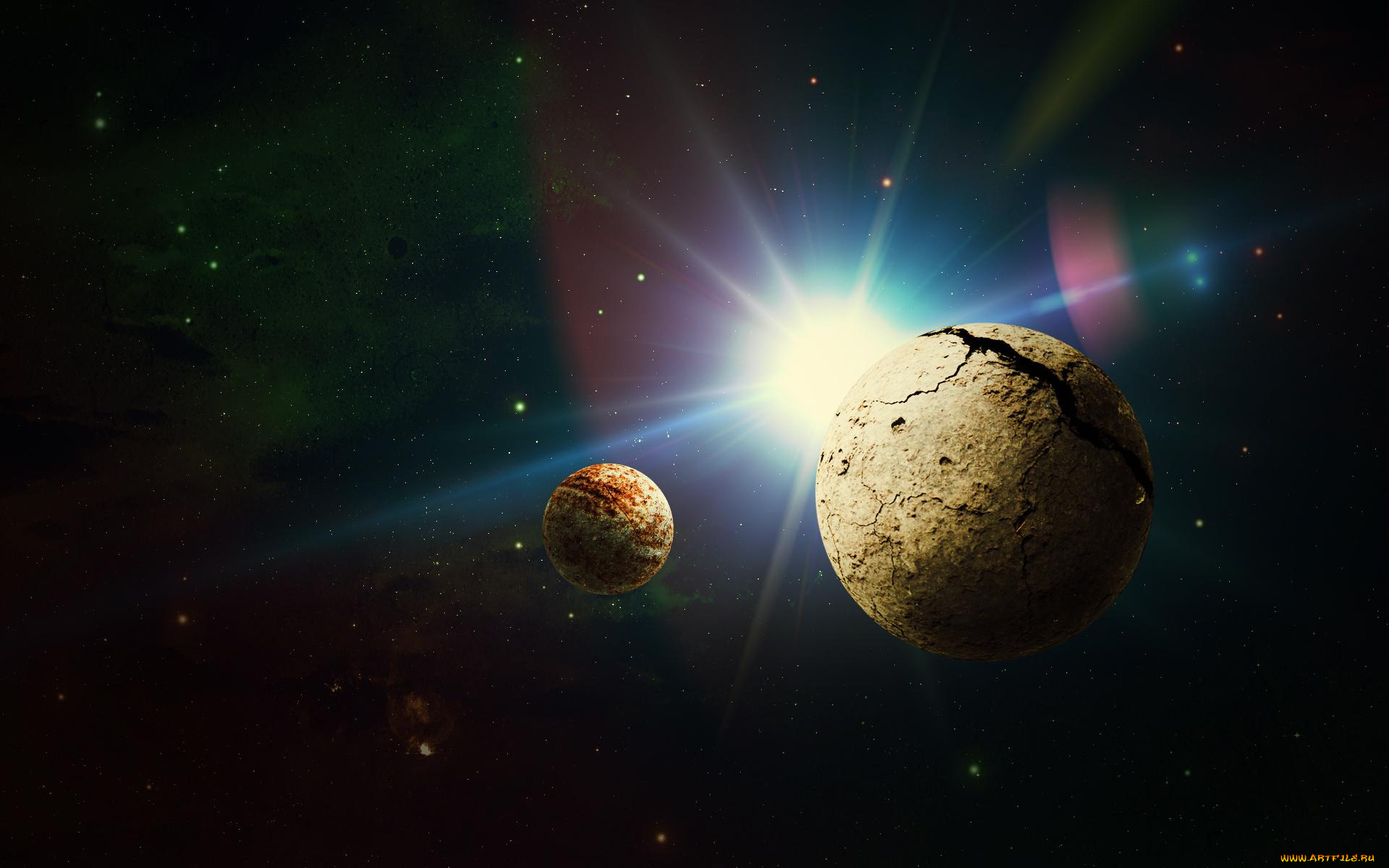 космос, арт, планета, спутник, солнце