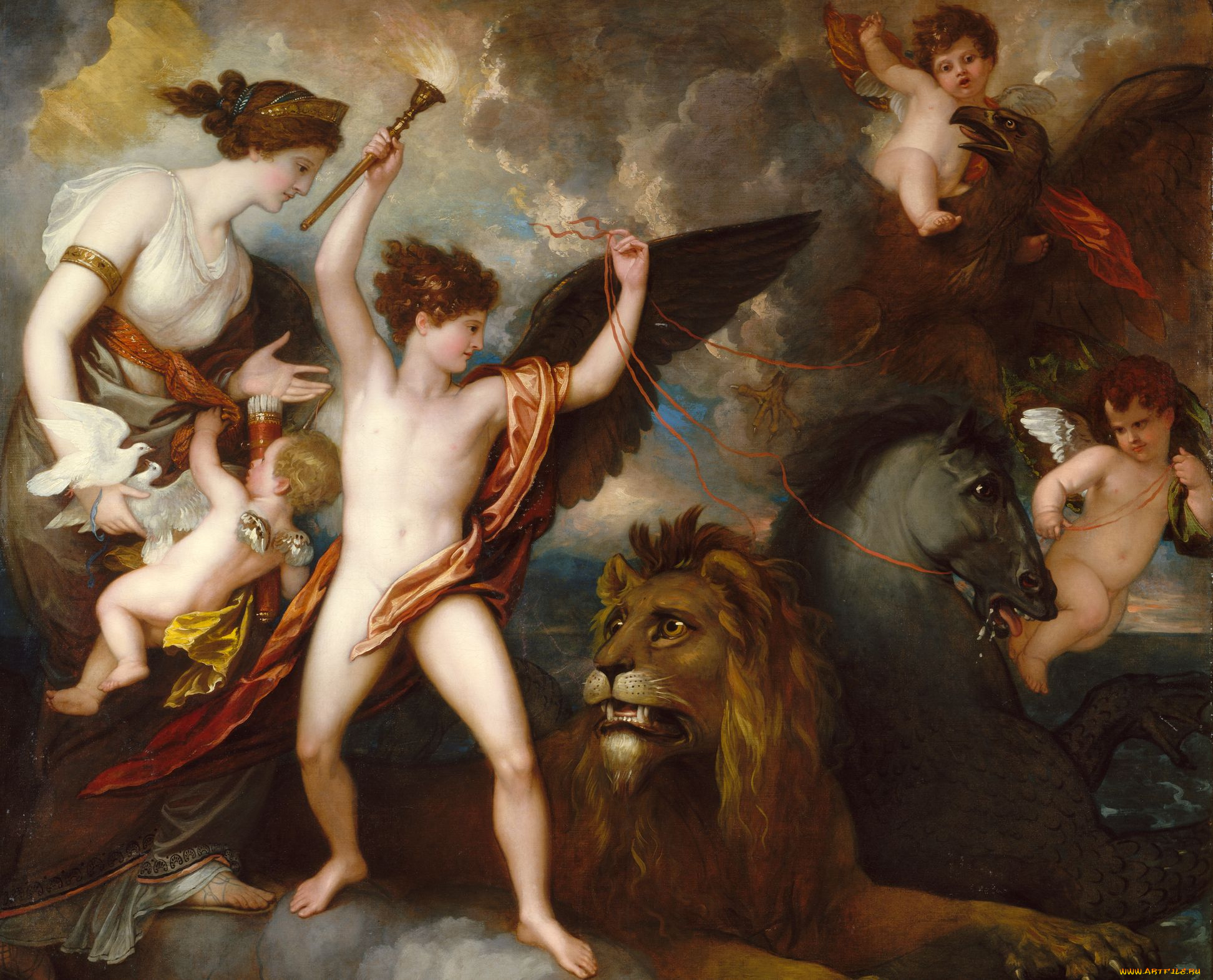 benjamin, west, рисованные, купидон, лев