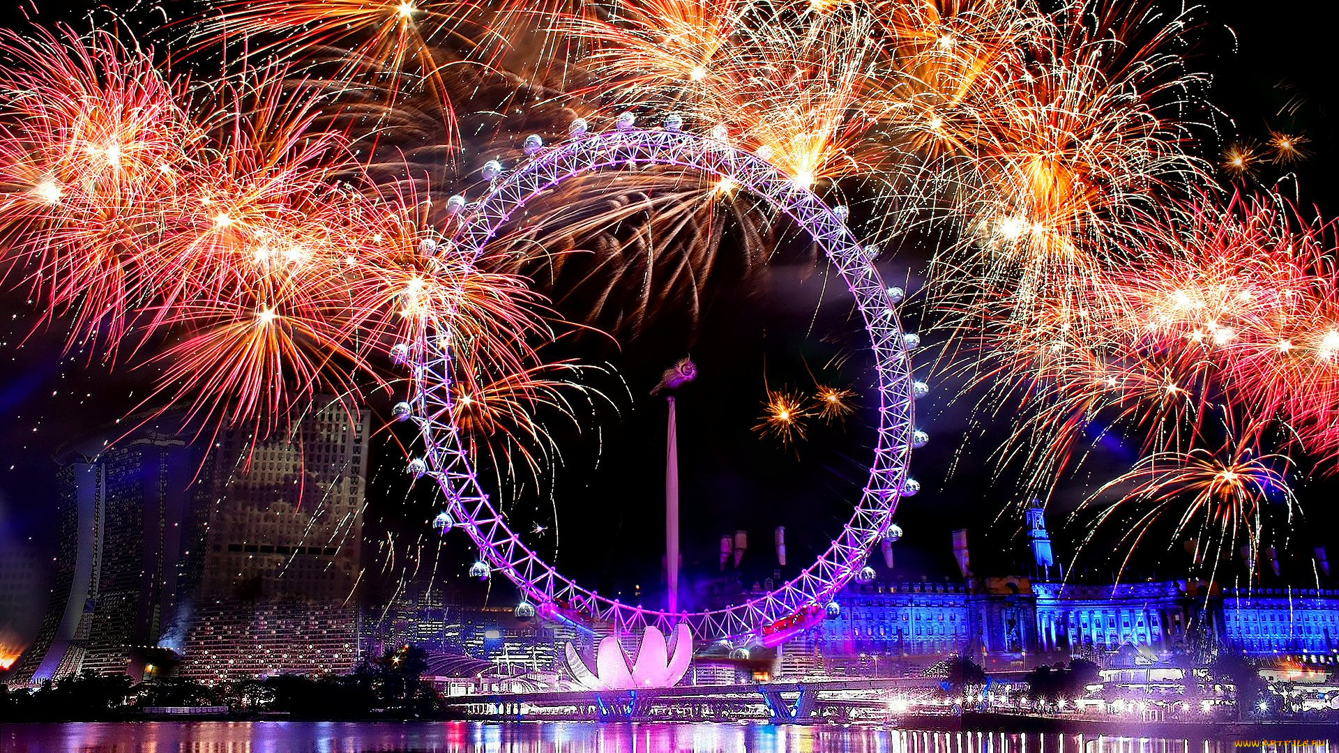 города, сингапур, фейерверк, ночь, город, колесо
