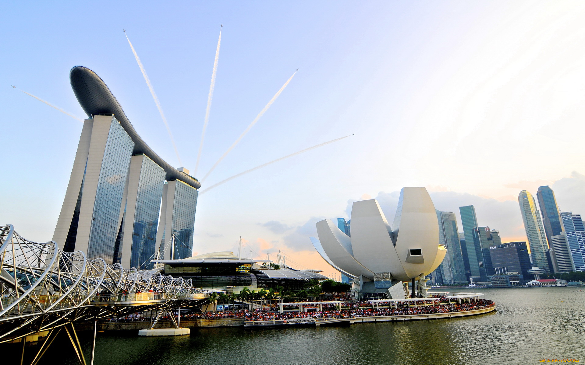 города, сингапур, самолеты, мост, дома, река