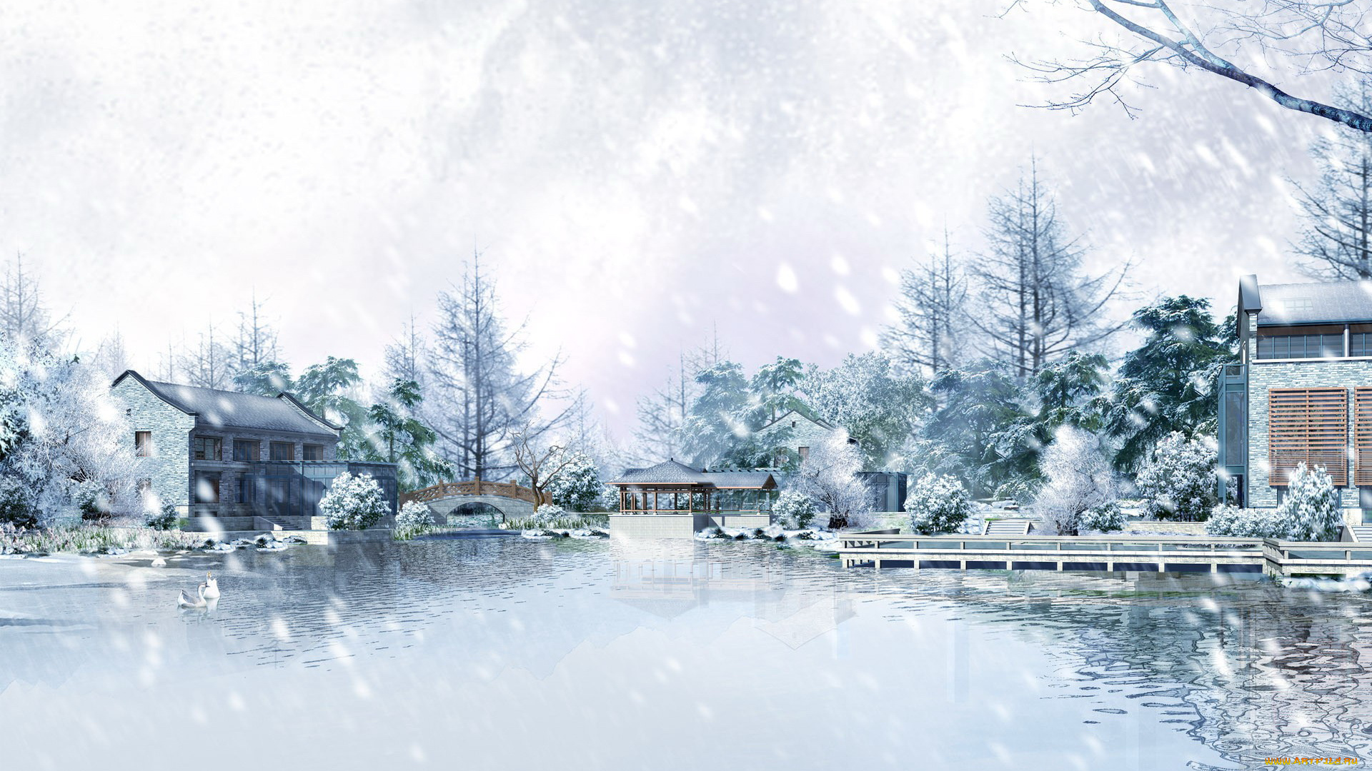 3д, графика, architecture, архитектура, зима, дома, озеро