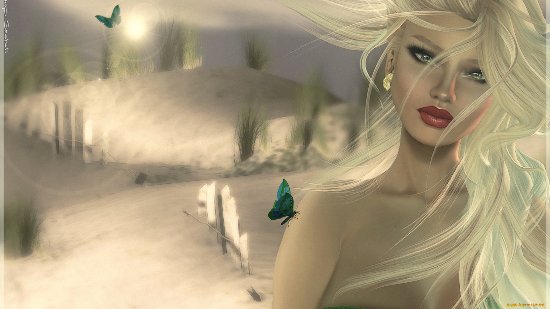 3д, графика, portraits, портрет, блондинка, бабочки