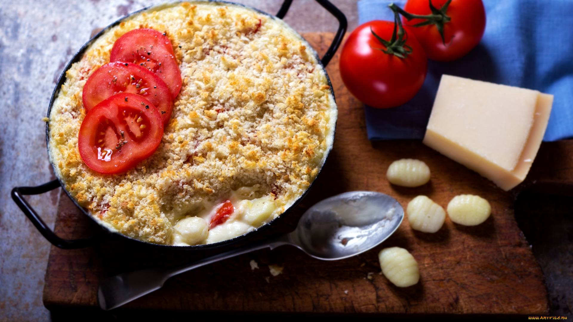 cheese, gnocchi, bake, еда, вторые, блюда, ложка, запеканка, ньокки, клёцки, помидоры, сыр