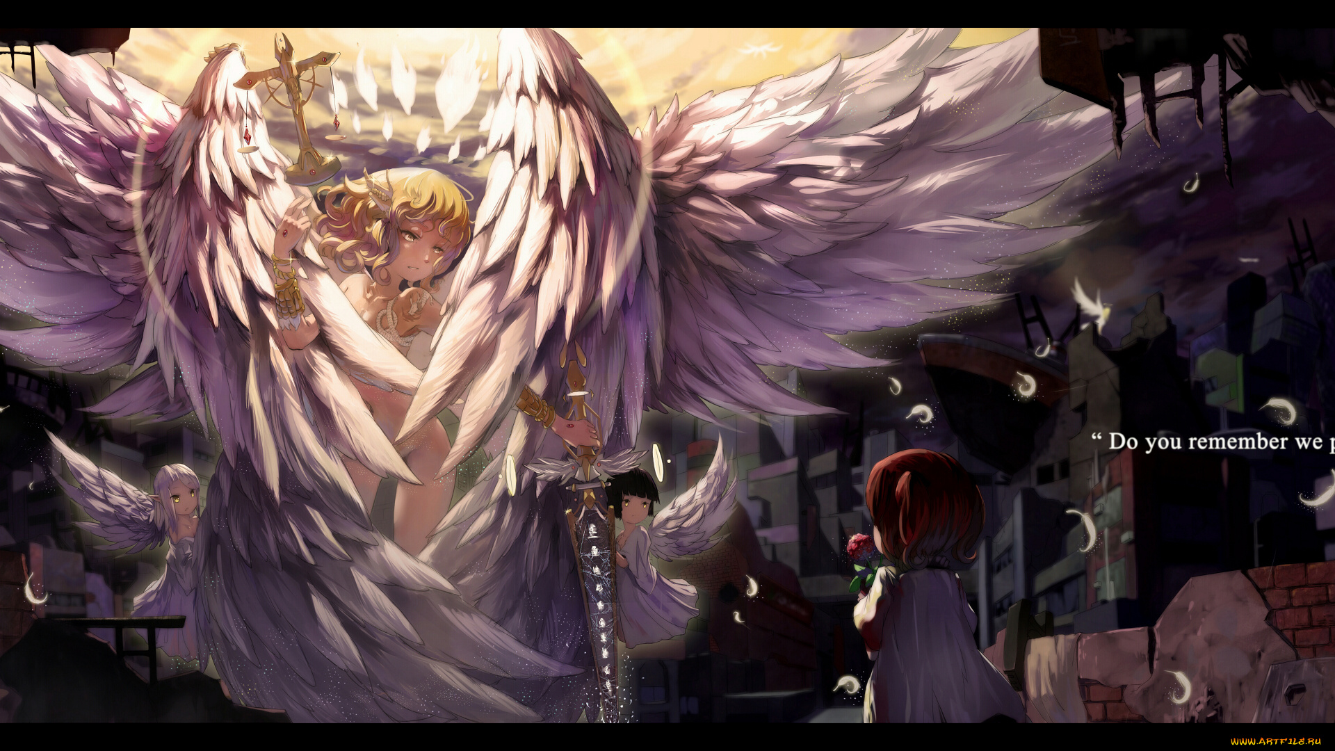 аниме, -angels, &, demons, развялины, город, фея, ребенок, свет, облака, крылья, нимб, ангел, девушка, цветок, перья, небо, весы, меч, скелет, труп