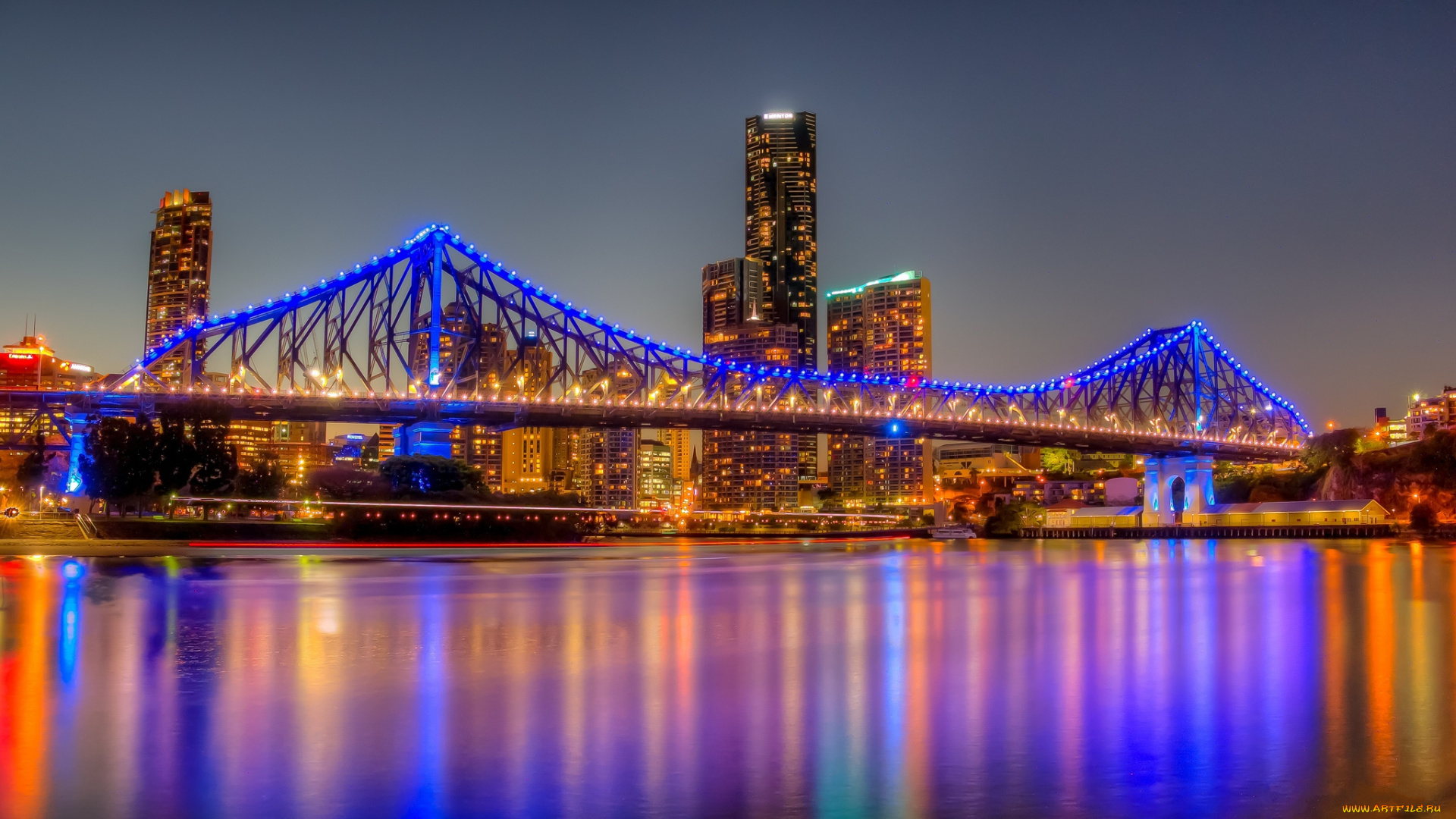 brisbane, города, брисбен, , австралия, огни, небоскребы, мост, рассвет