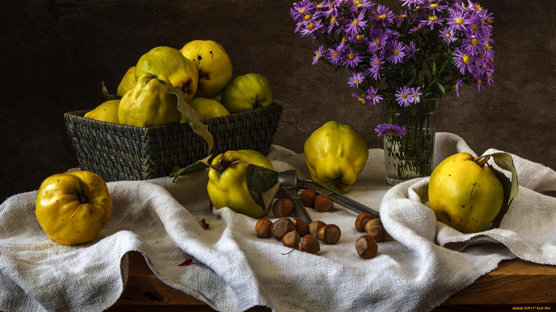 еда, натюрморт, цветы, орех, айва