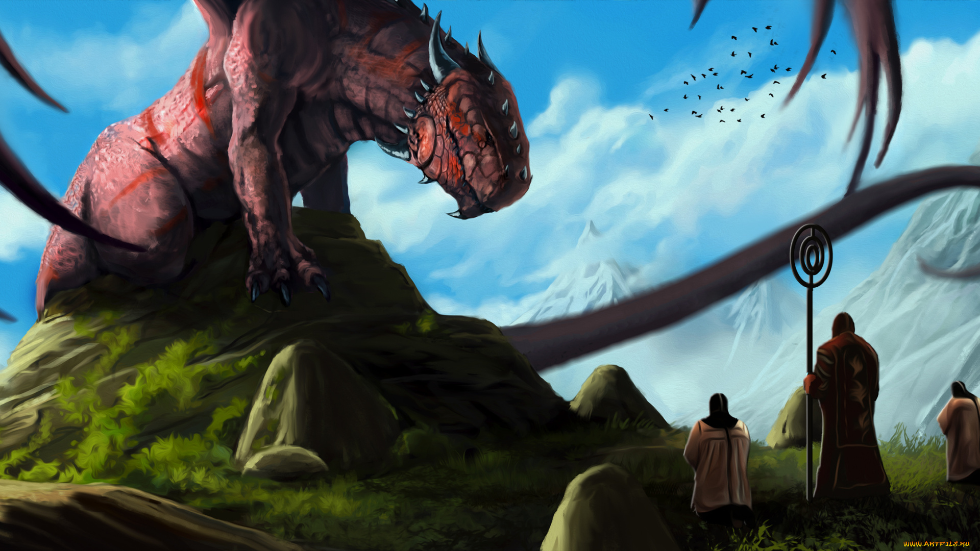 фэнтези, драконы, небо, скалы, горы, холм, дракон, призыв