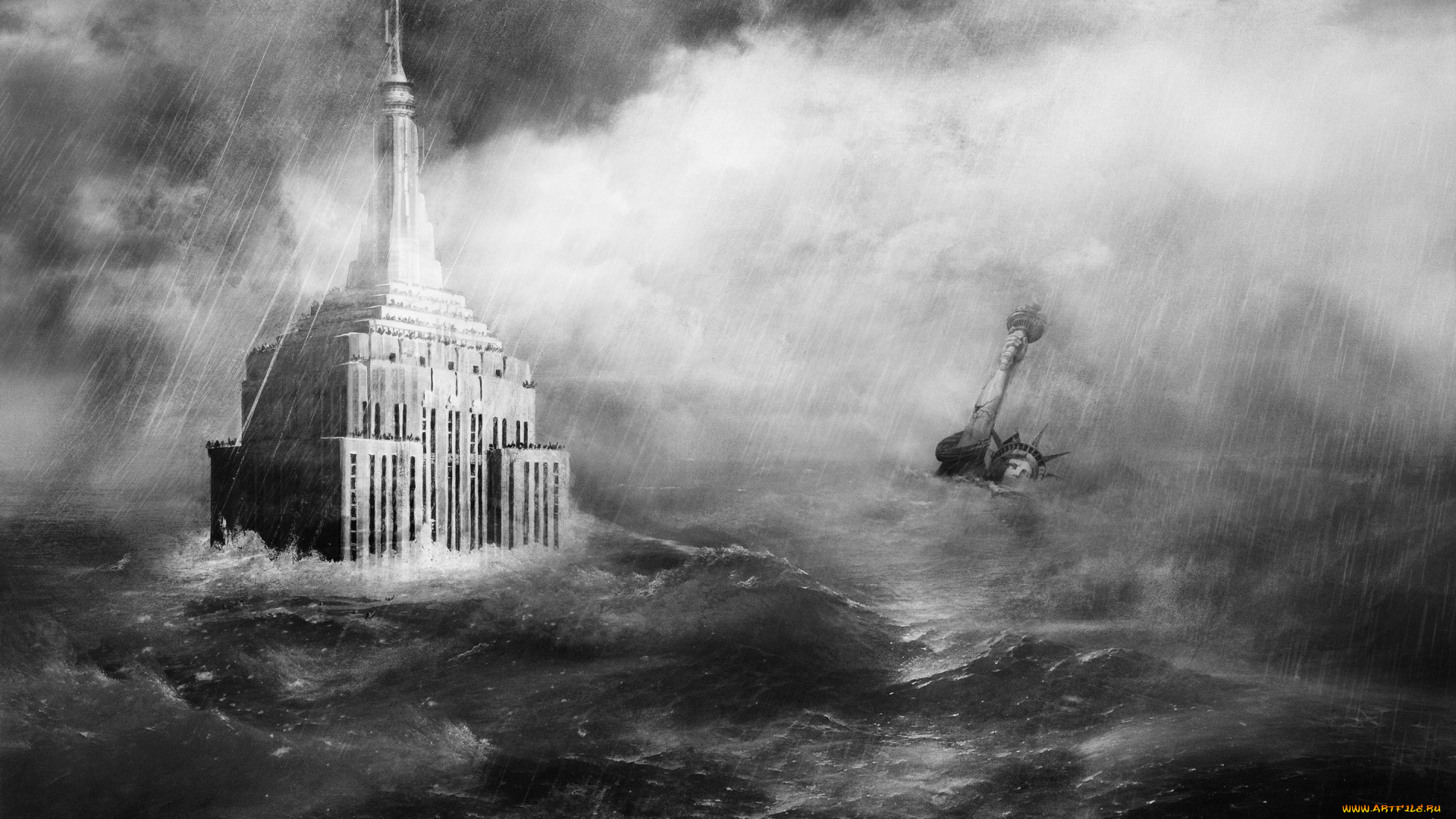 фэнтези, иные, миры, , иные, времена, небоскреб, катастрофа, конец, света, дождь, статуя, свободы, empire, street, building, вода, наводнение