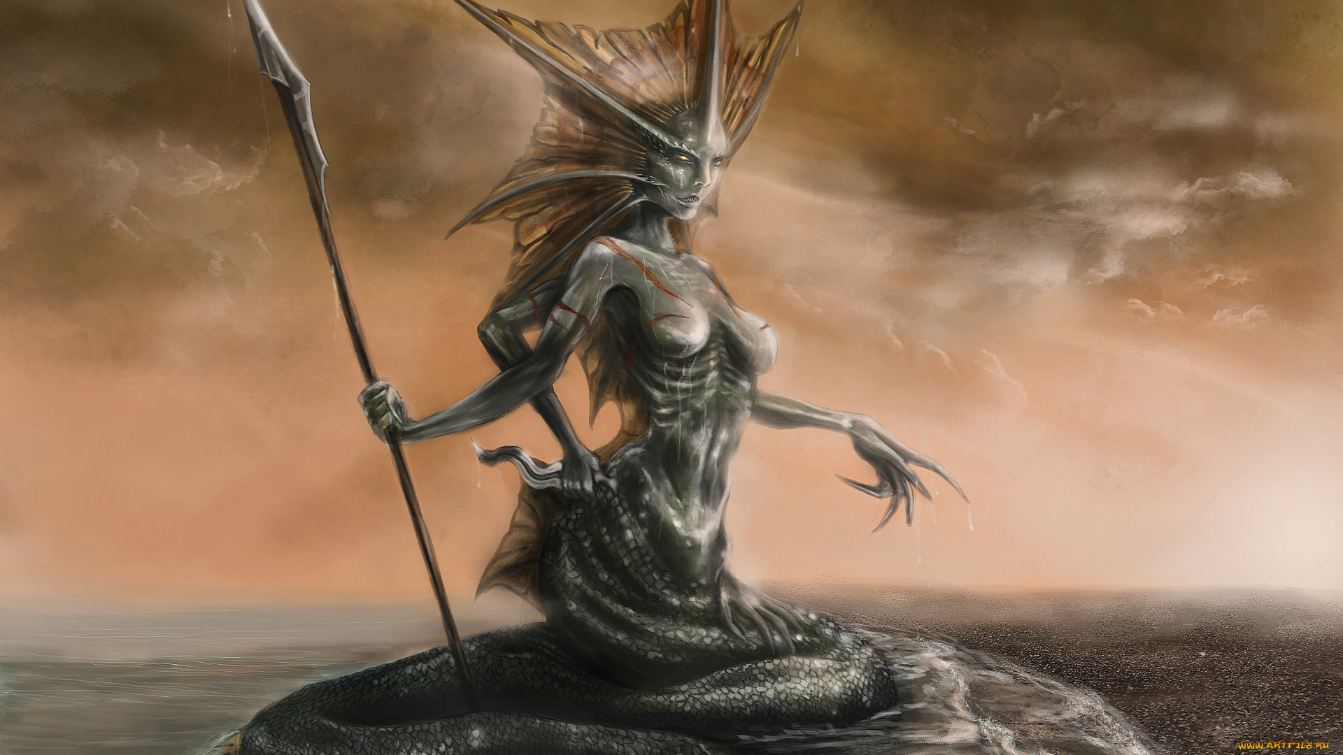 фэнтези, существа, арт, копье, siren, море, сирена, naga, хвост