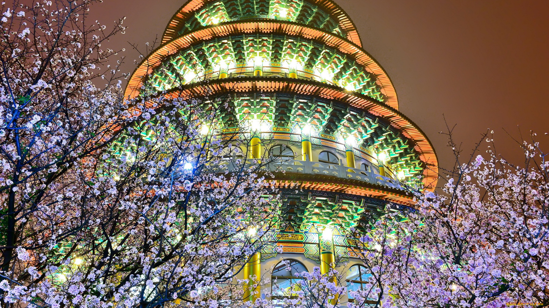 города, -, дворцы, , замки, , крепости, ночь, здание, огни, подсветка, деревья, цветущие, весна