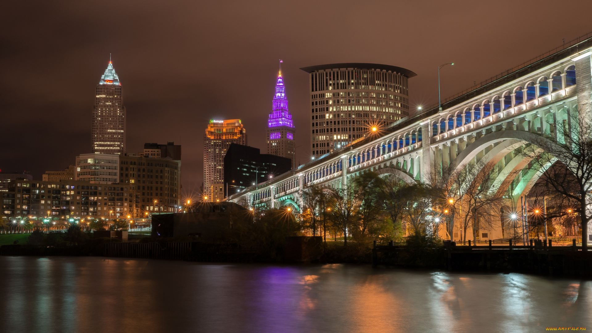 города, -, мосты, река, ночь, огни, мост