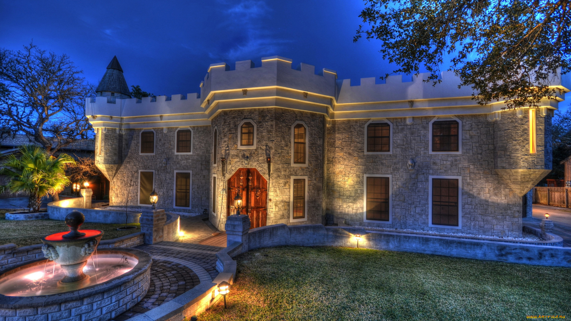 города, -, здания, , дома, огни, ночь, фонтан, особняк, дом, ландшафт