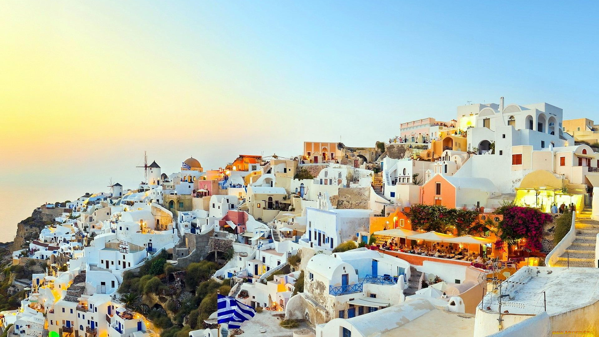 города, санторини, , греция, дома, санторини, небо, горы, поселок, здания, флаги, лестницы