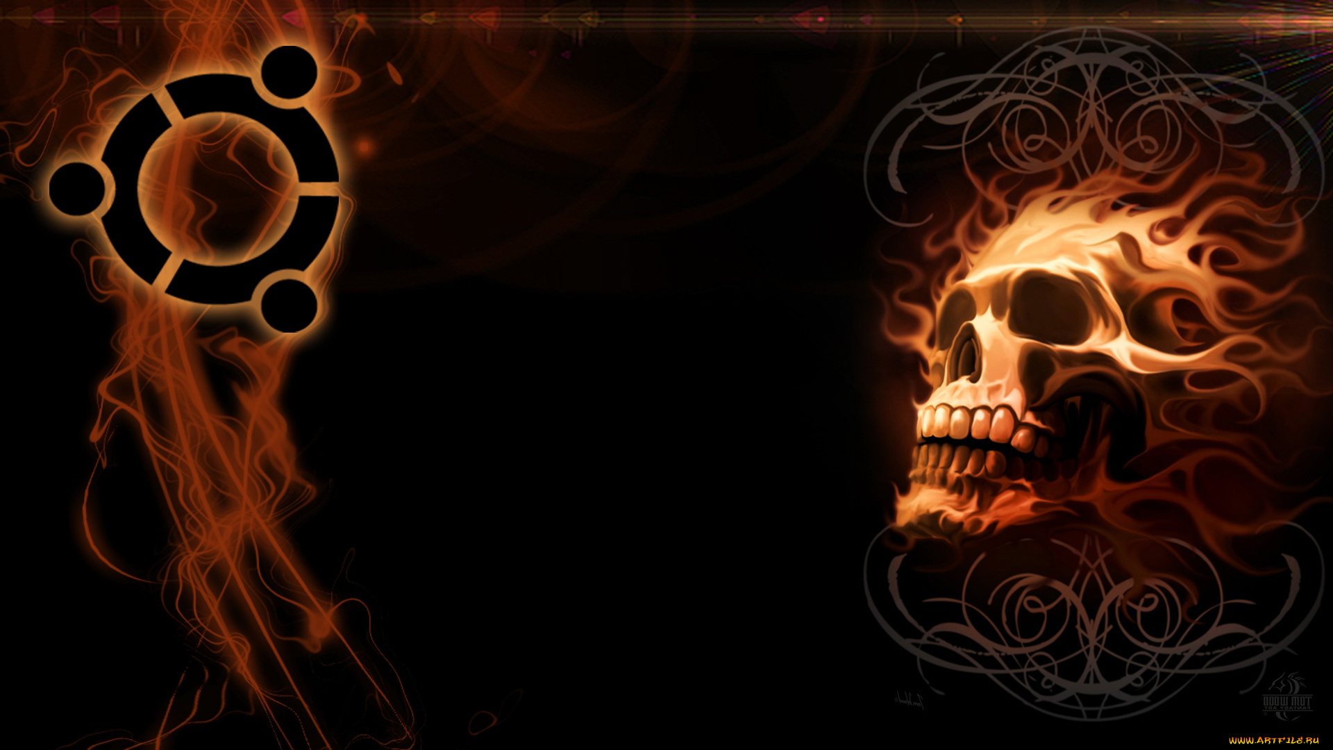 компьютеры, ubuntu, linux, череп, фон, логотип, огонь