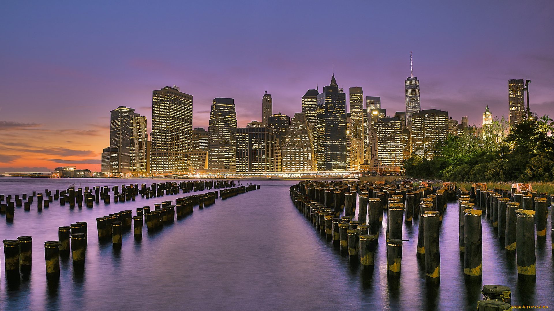 manhattan, города, нью-йорк, , сша, утро, небоскребы, сваи, огни, залив