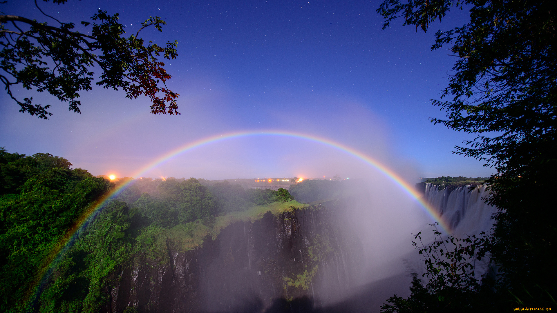 природа, радуга, граница, замбии, и, зимбабве, южная, африка, деревья, звезды, виктория, ночь, водопад, реке, замбези, peter, dolkens, photography, лунная