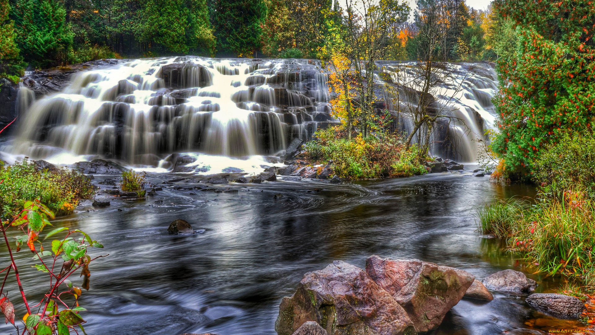 природа, водопады, водопад, река, лес