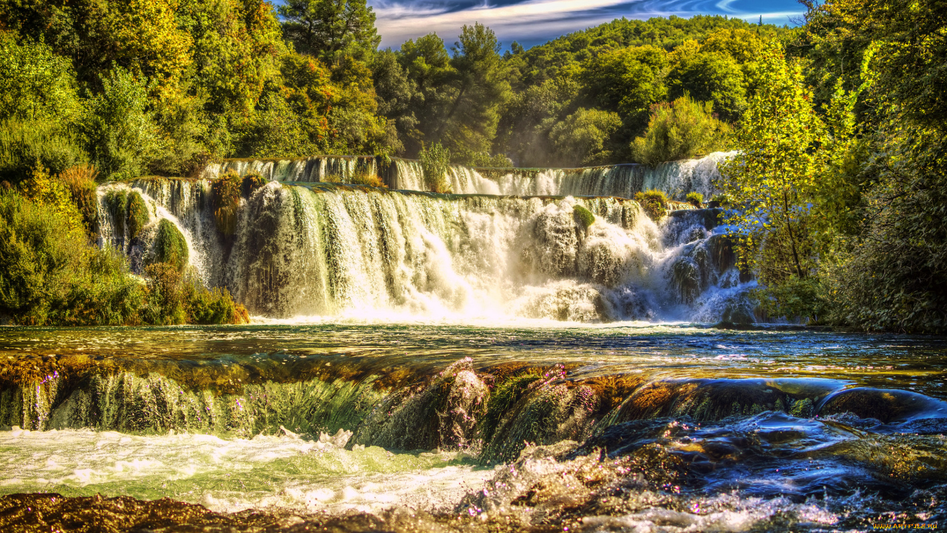 природа, водопады, водопад, река, лес